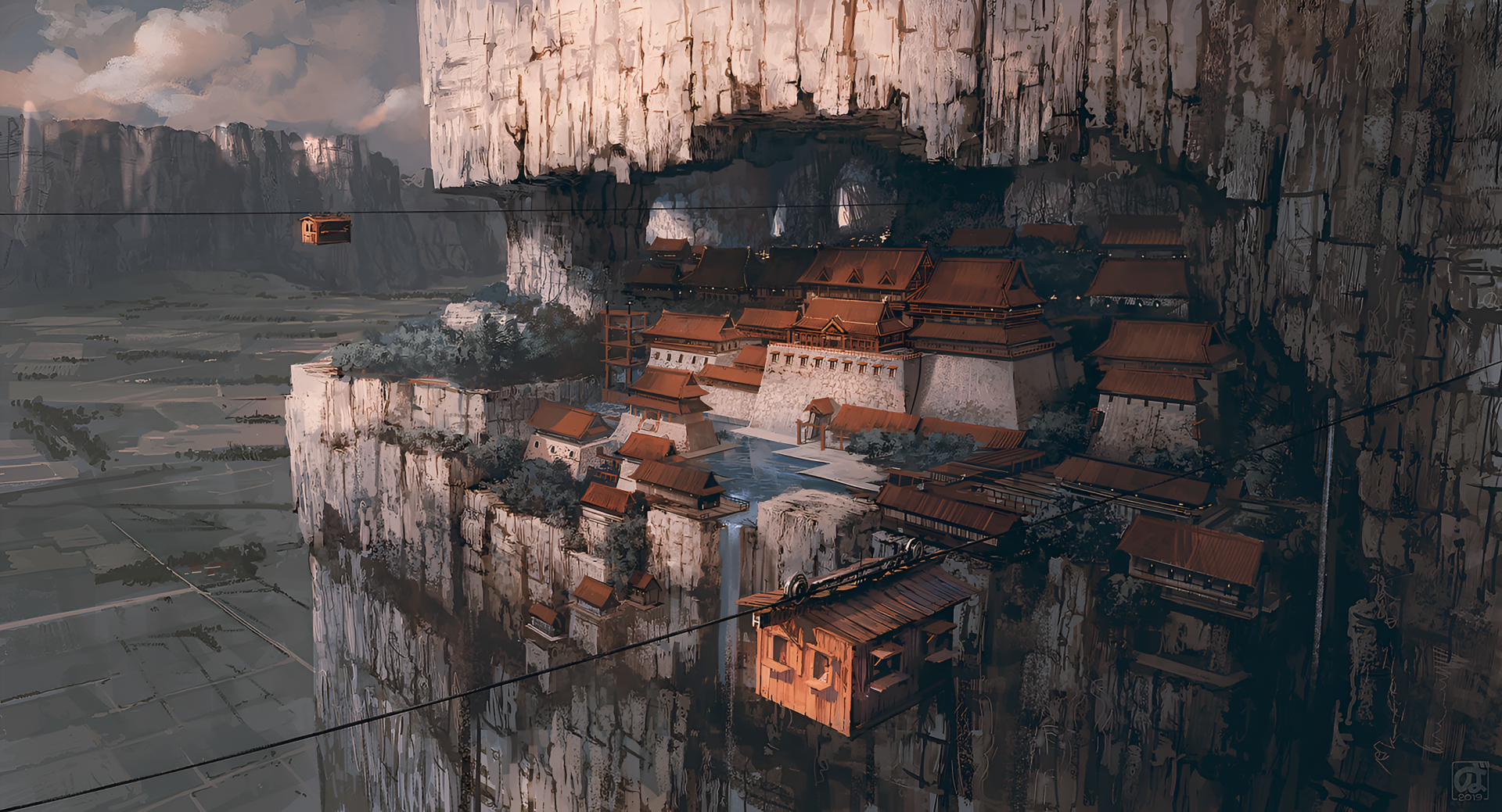 Digital art 2K Quad HD PC desktop wallpaper of cliffside architecture built into a sheer rock face, overlooking a vast landscape with cable cars and suspended buildings carved into the wall.