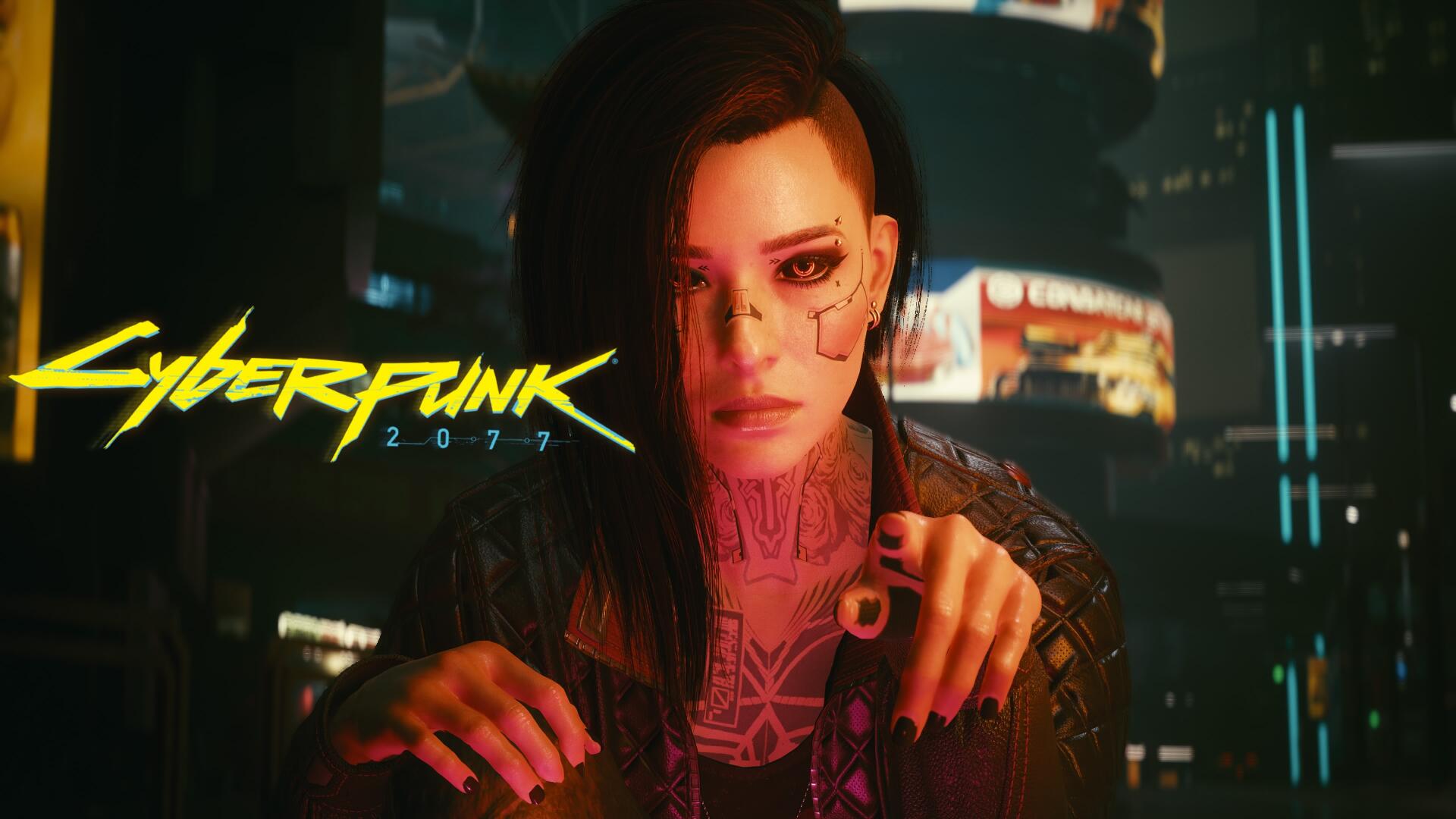 4K Ultra HD PC wallpaper: neon-lit portrait of V from Cyberpunk 2077 — half-shaved hair, facial tattoos and piercings, pointing toward viewer with neon cityscape and game logo behind.
