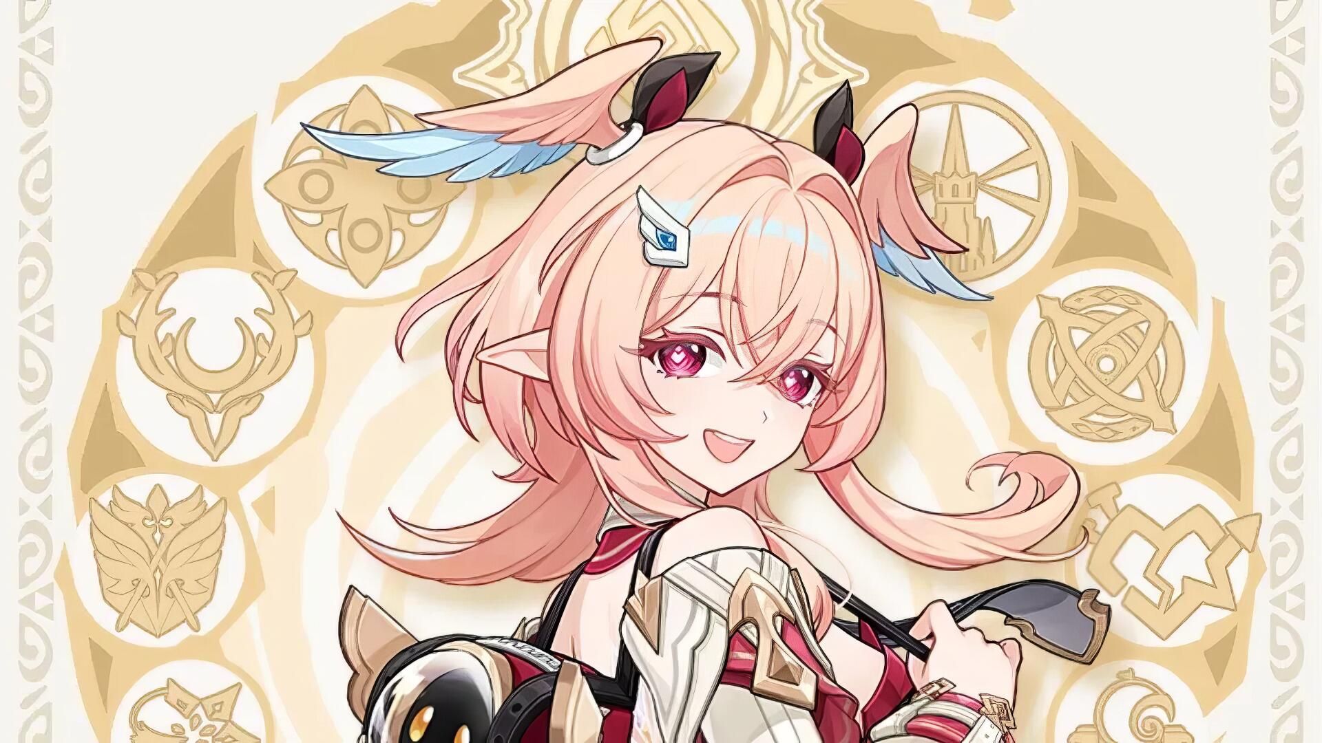 HD PC desktop wallpaper of Linnea from the video game Genshin Impact: pink-haired, feathered hairpieces and ornate golden sigils behind her, smiling in vibrant anime-style art.