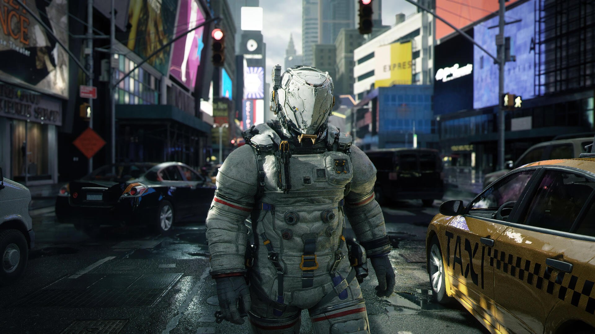 4K Ultra HD PC desktop wallpaper from the video game Pragmata: lone astronaut-suited figure walks a rain-slick neon city street amid taxis and digital billboards.