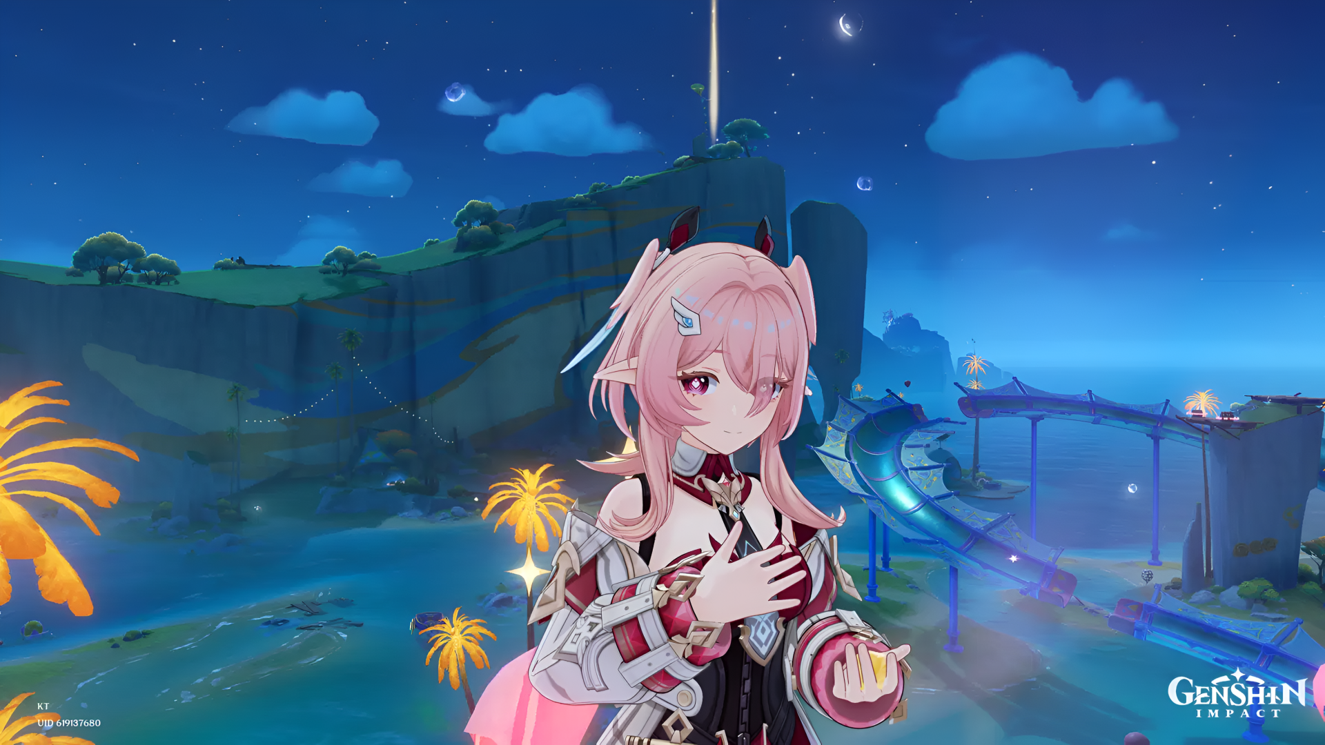 Linnea from Genshin Impact centered in foreground at night, hand to chest, glowing lanterns and cliffs under a starry sky — 2K Quad HD PC desktop wallpaper/background.