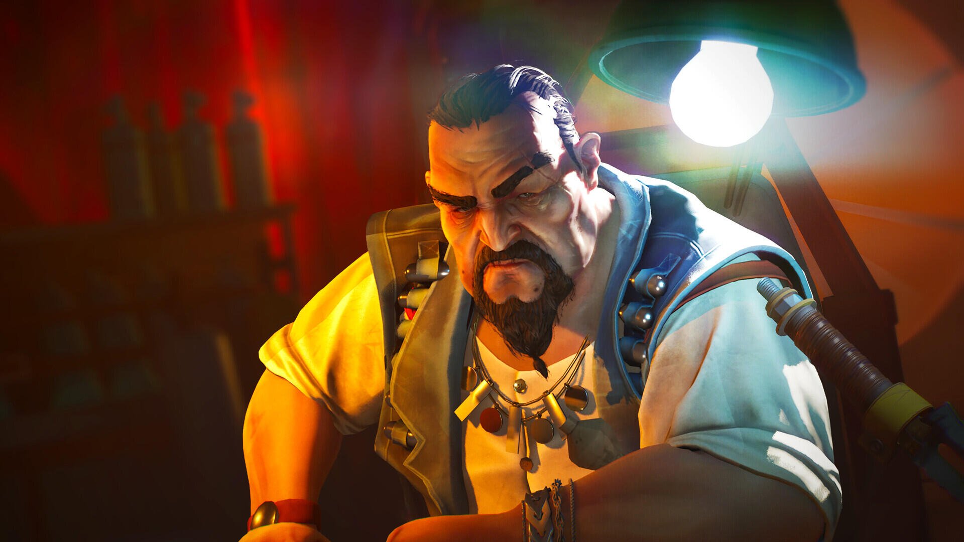 Tides of Tomorrow video game HD PC desktop wallpaper and background: burly bearded sea captain in a rugged jacket, lit by a hanging lamp, moody cinematic tones.