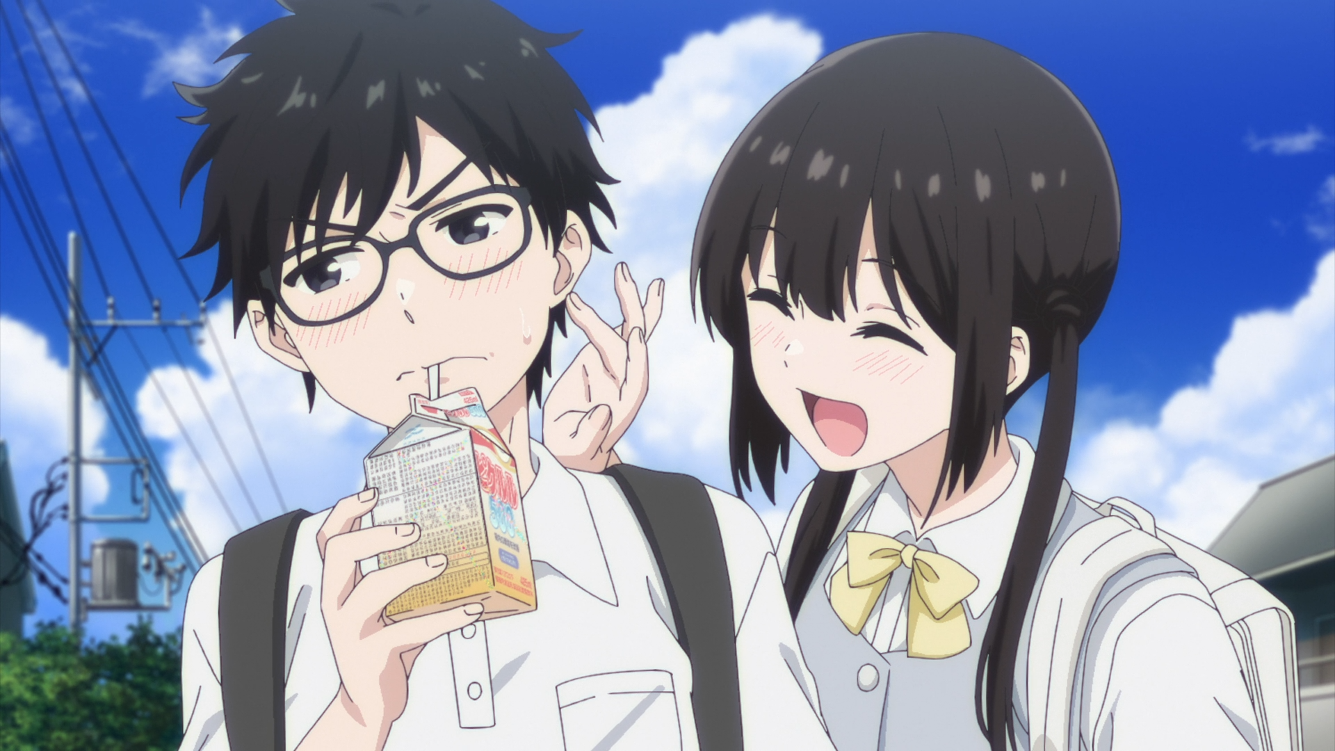 Anime HD PC desktop wallpaper: Miku Sakura (I Want to End this Love Game) laughing beside Yukiya Asagi, who sips a drink under a bright blue sky.