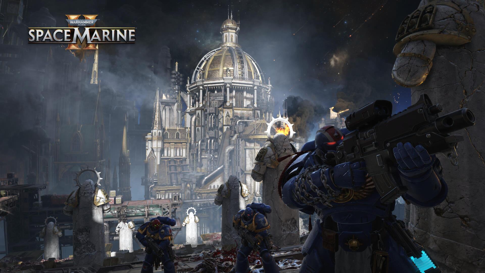 4K Ultra HD PC desktop wallpaper from the Warhammer video game showing Space Marines in power armor with bolters before a massive gothic cathedral under a smoky, starry sky.