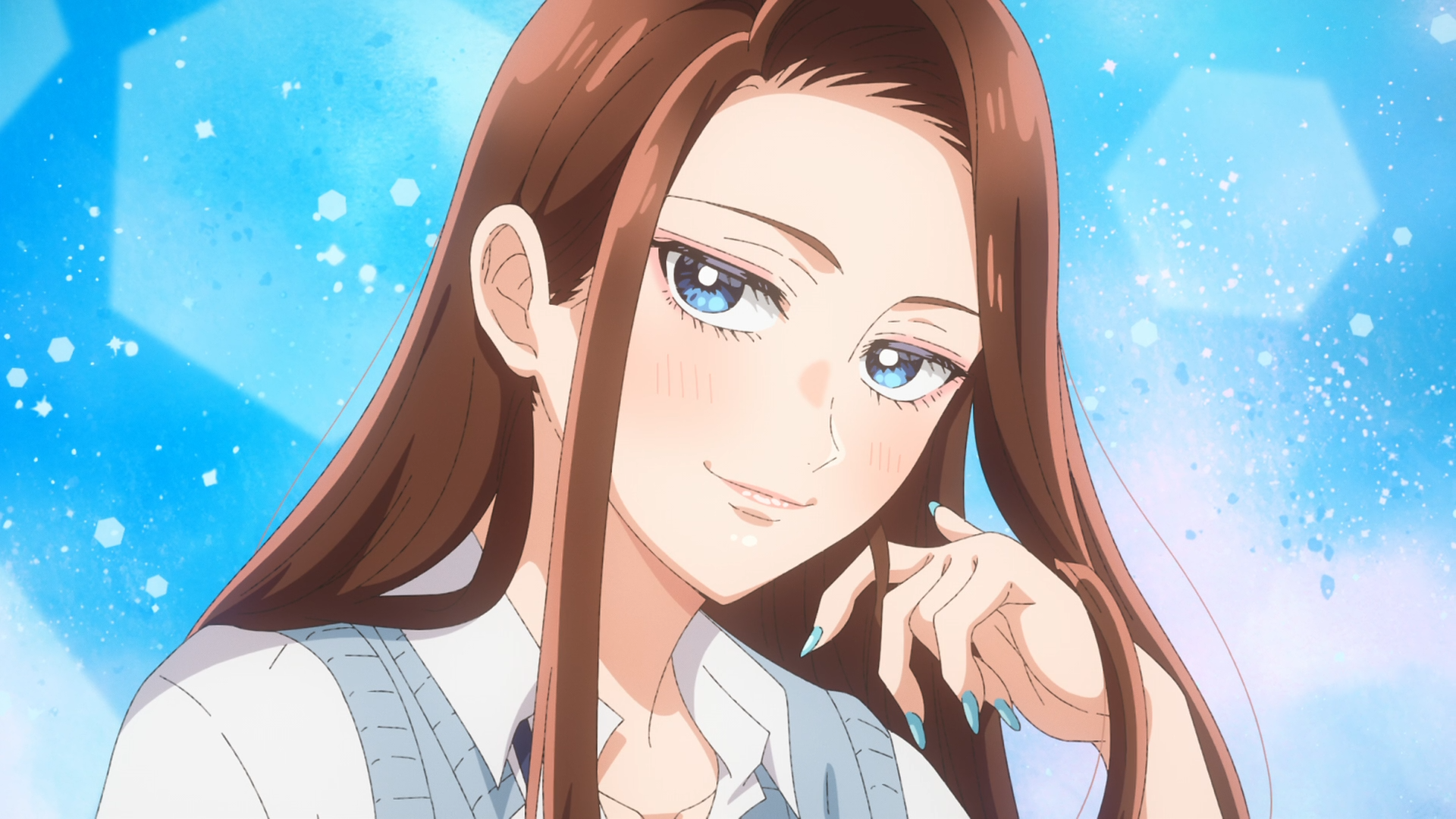 HD PC wallpaper of Kei Amane from the anime Gals Can't Be Kind to Otaku!? — a smiling brown‑haired girl with blue eyes posed against a sparkling blue background.