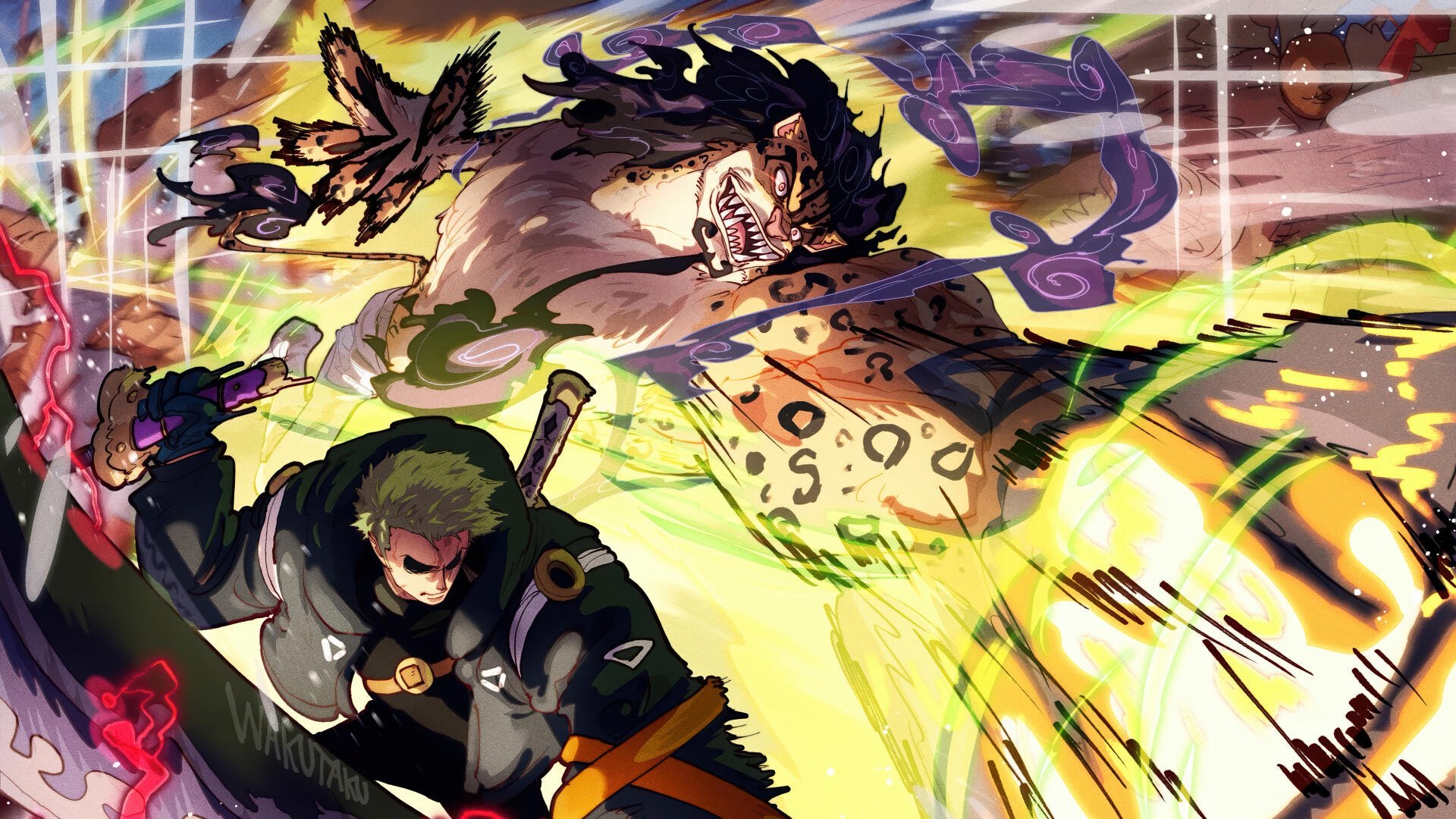 One Piece 4K Ultra HD PC desktop wallpaper showing Roronoa Zoro charging with swords at a leopard-transformed opponent amid explosive colors, motion lines, and dynamic lighting.