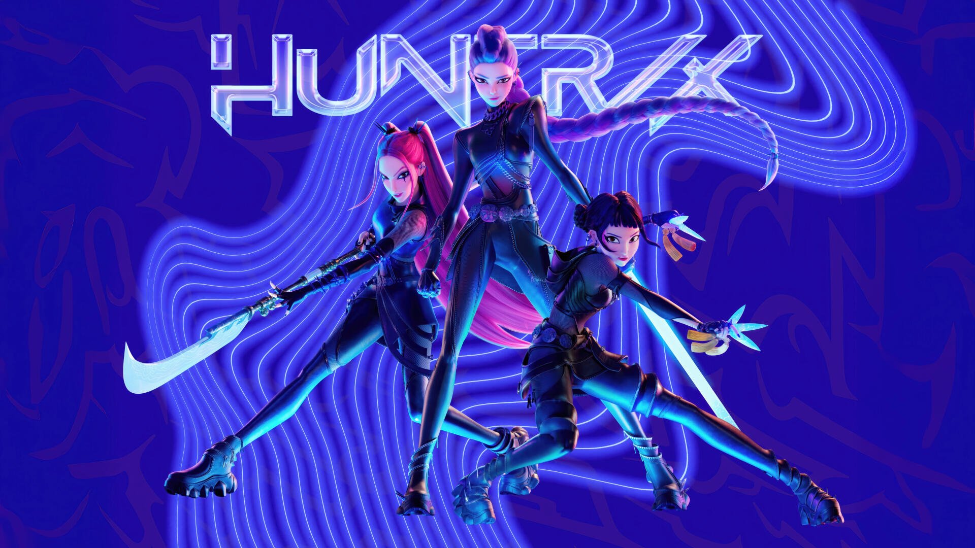 KPop Demon Hunters 8K Ultra HD PC desktop wallpaper: three neon-lit futuristic demon hunters in dynamic K-pop style poses wielding blades against a swirling purple-blue background.