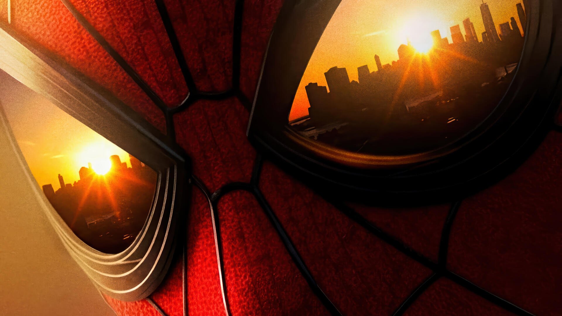 Close-up of Spider-Man mask reflecting a golden city sunrise, labeled Spider-Man: Brand New Day — 4K Ultra HD PC desktop wallpaper/background