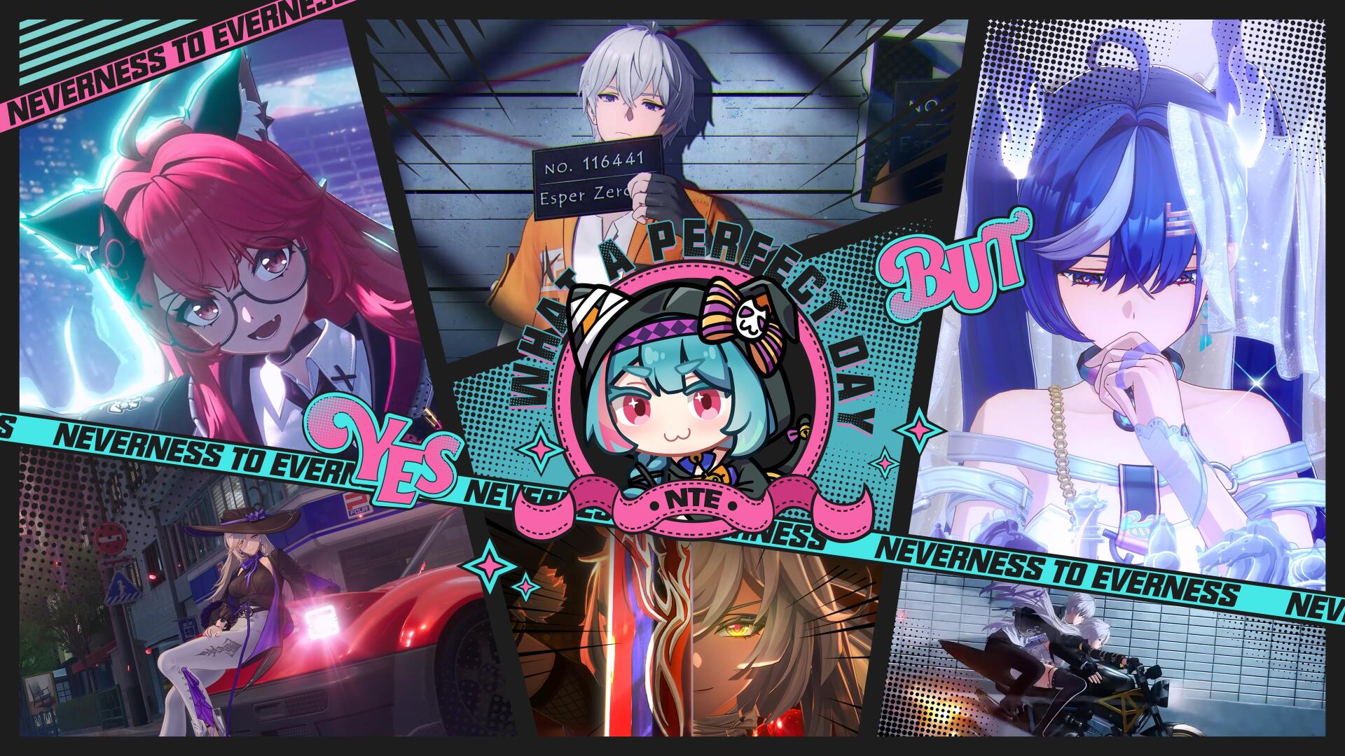 4K Ultra HD PC desktop wallpaper for the mobile game Neverness to Everness, showing vibrant anime characters, neon effects, and a central chibi logo collage.