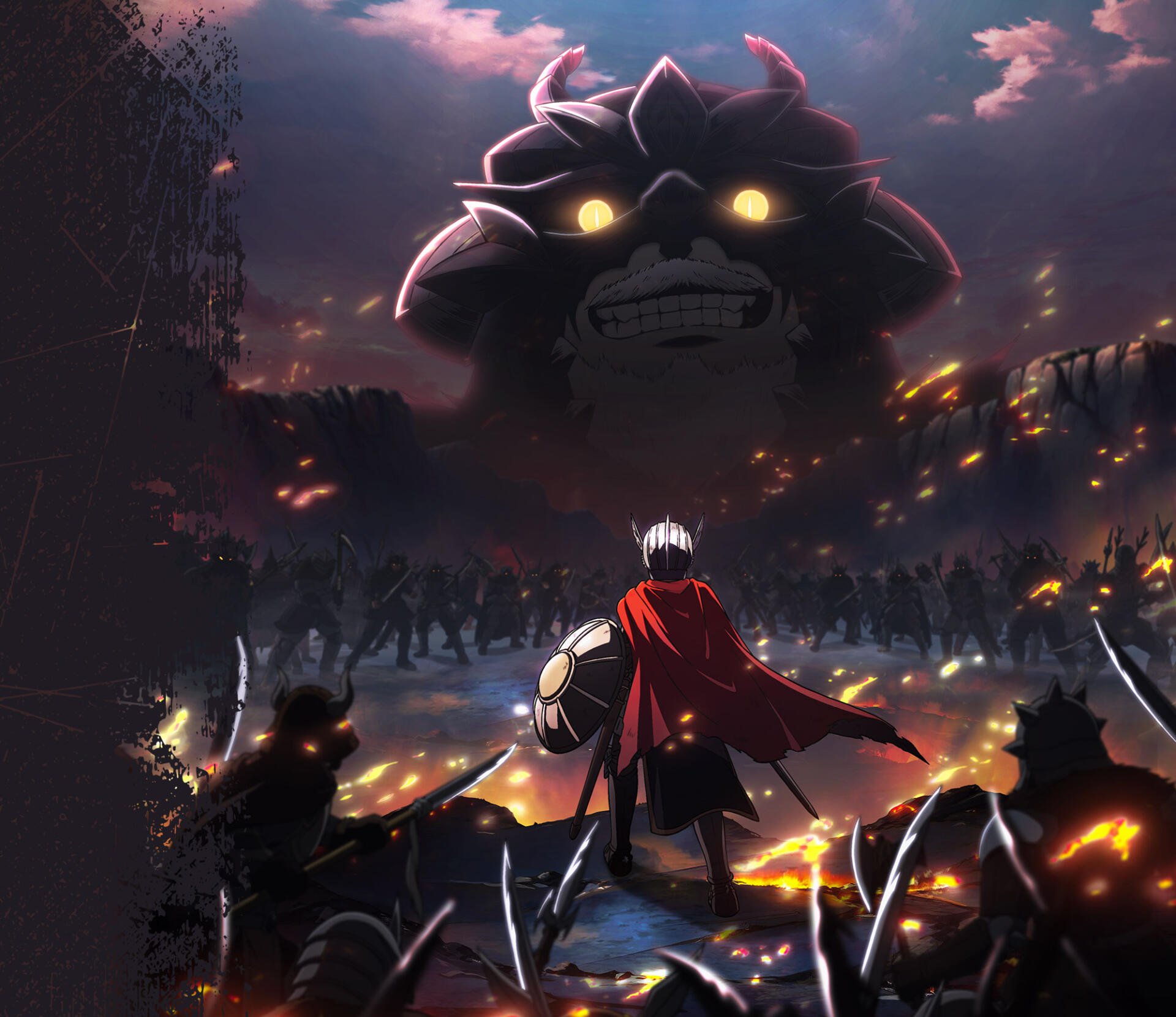 Anime HD PC desktop wallpaper: The Warrior Princess stands with shield and red cape before a torchlit battlefield, confronting the colossal Barbaric King whose grim face looms above.