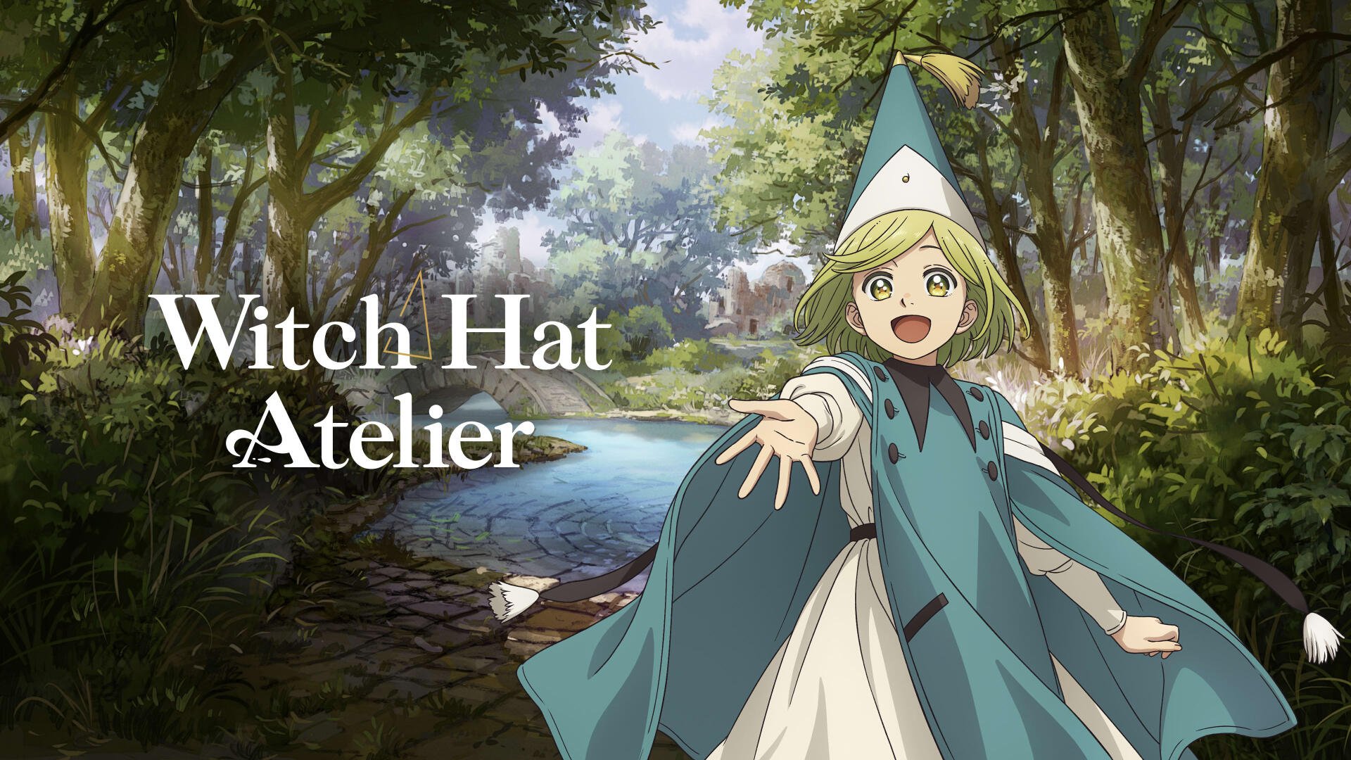 4K Ultra HD PC desktop wallpaper: Coco from Witch Hat Atelier in anime style, smiling and reaching out in a sunlit riverside forest wearing her witch cloak.