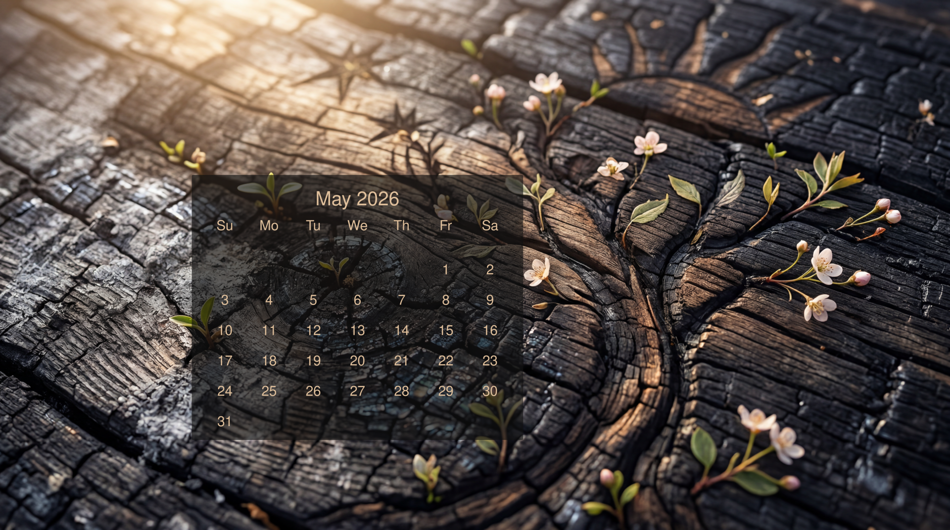 May 2026 Calendar overlaid on a textured tree-ring stump with delicate blossoms and warm sunlight — 5K Ultra HD PC desktop wallpaper and background.