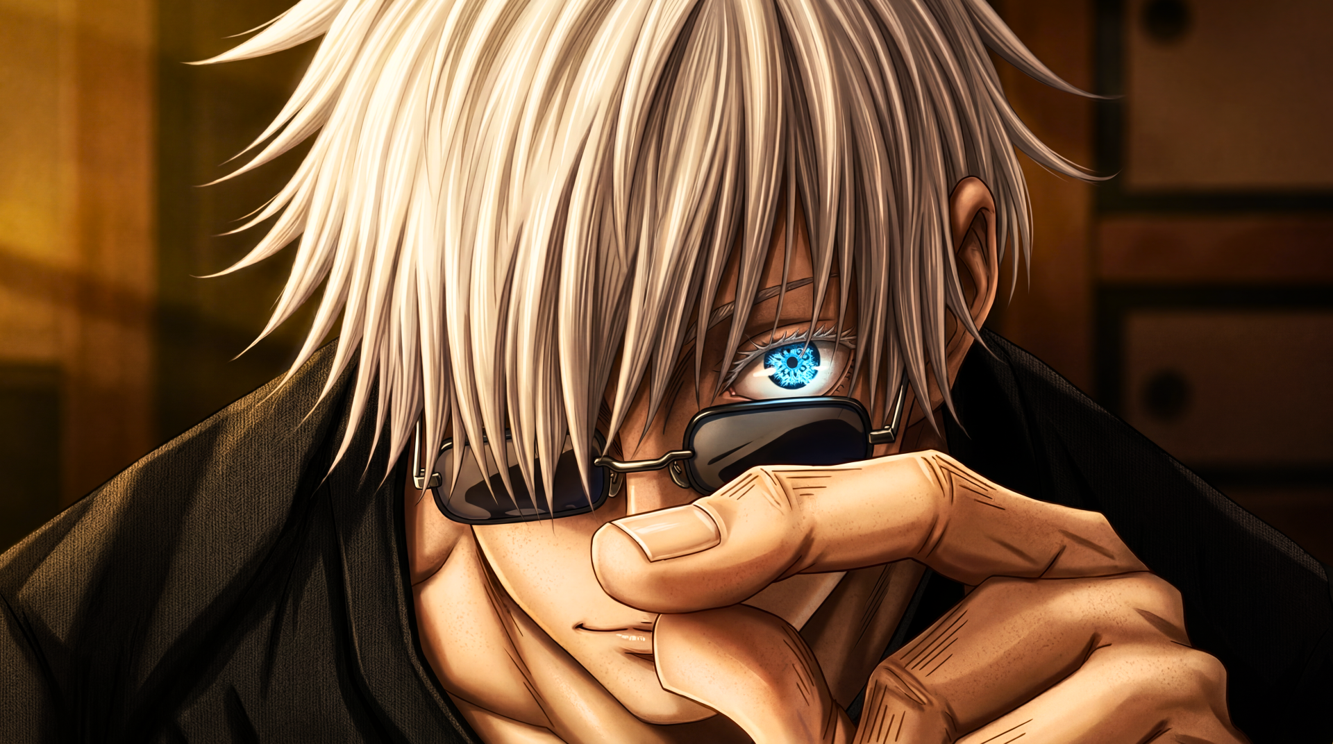 Satoru Gojo (Jujutsu Kaisen) anime wallpaper — close-up of the protagonist lifting sunglasses to reveal glowing Six Eyes, platinum hair and piercing blue gaze; 5K Ultra HD desktop background.