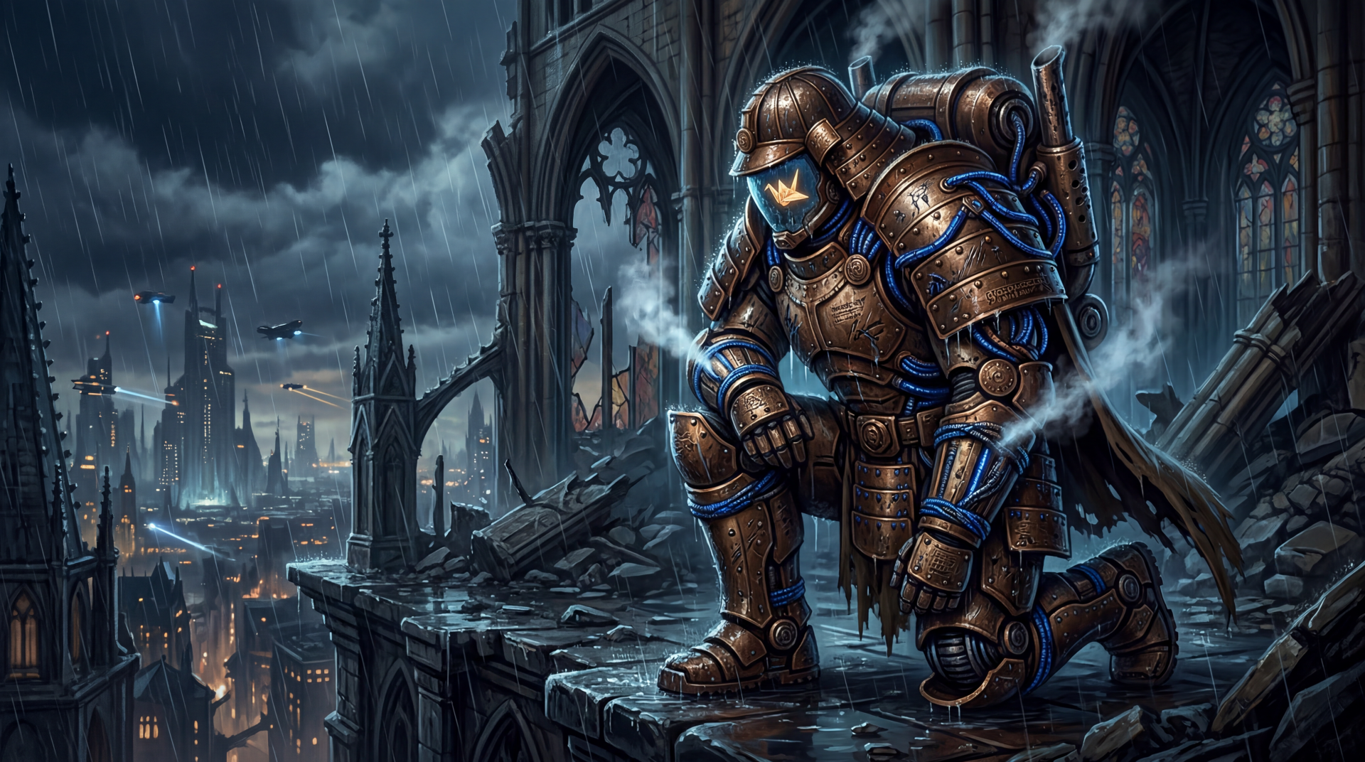 Power Armor trooper kneels on a ruined cathedral ledge in rain, overlooking a neon, devastated city — 5K Ultra HD PC desktop wallpaper/background.