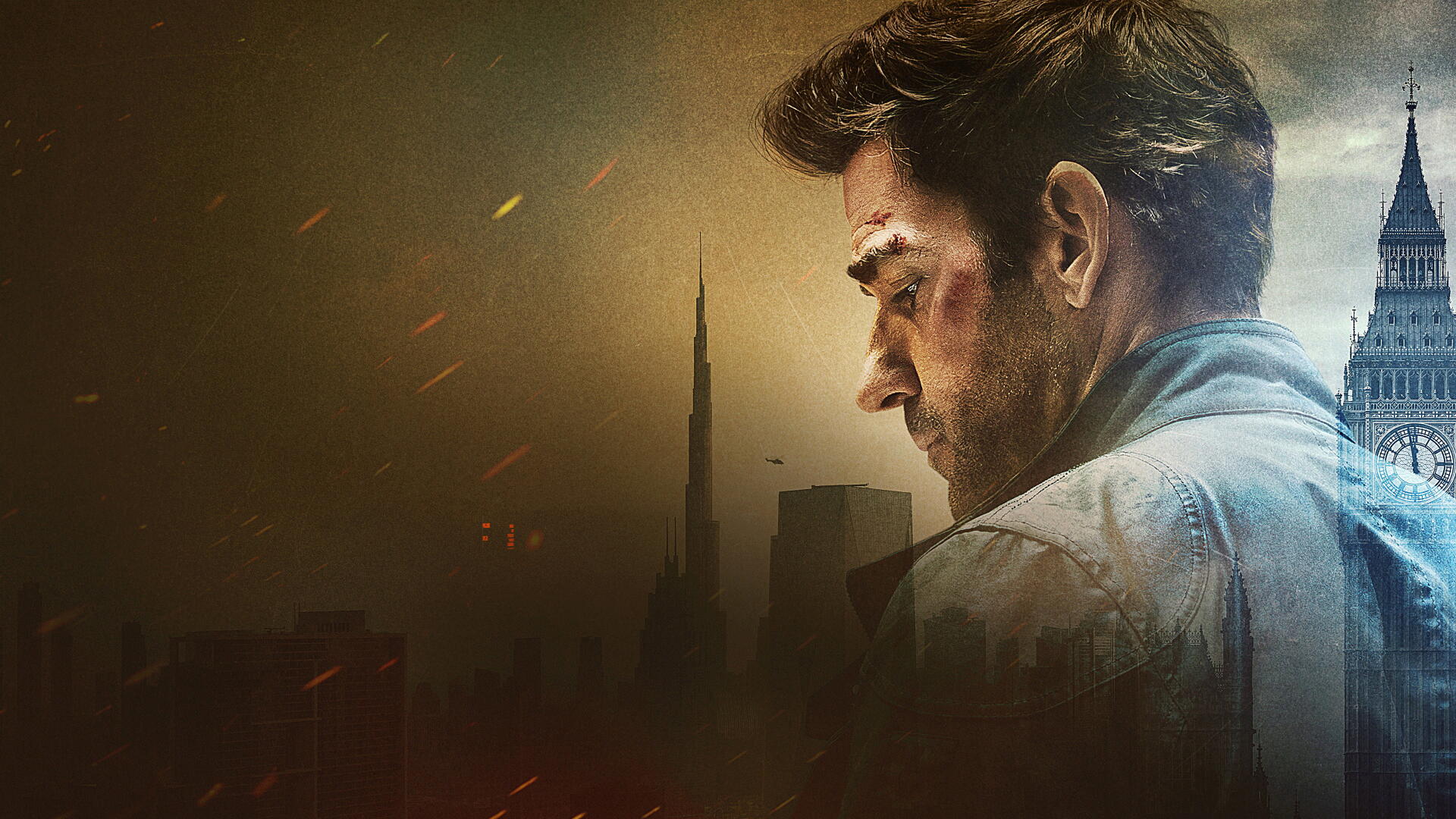 Moody 4K Ultra HD PC desktop wallpaper of Jack Ryan in profile, bruised and determined, overlooking a twilight city skyline with embers and cinematic lighting.