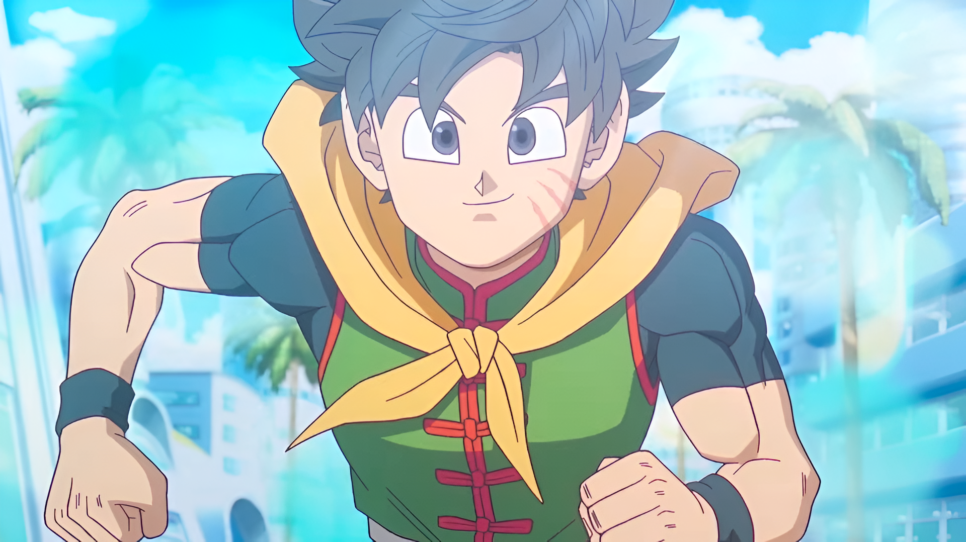 HD PC desktop wallpaper from video game Dragon Ball Xenoverse 3: young Saiyan in green outfit and yellow scarf dashing toward viewer beneath a bright blue sky.