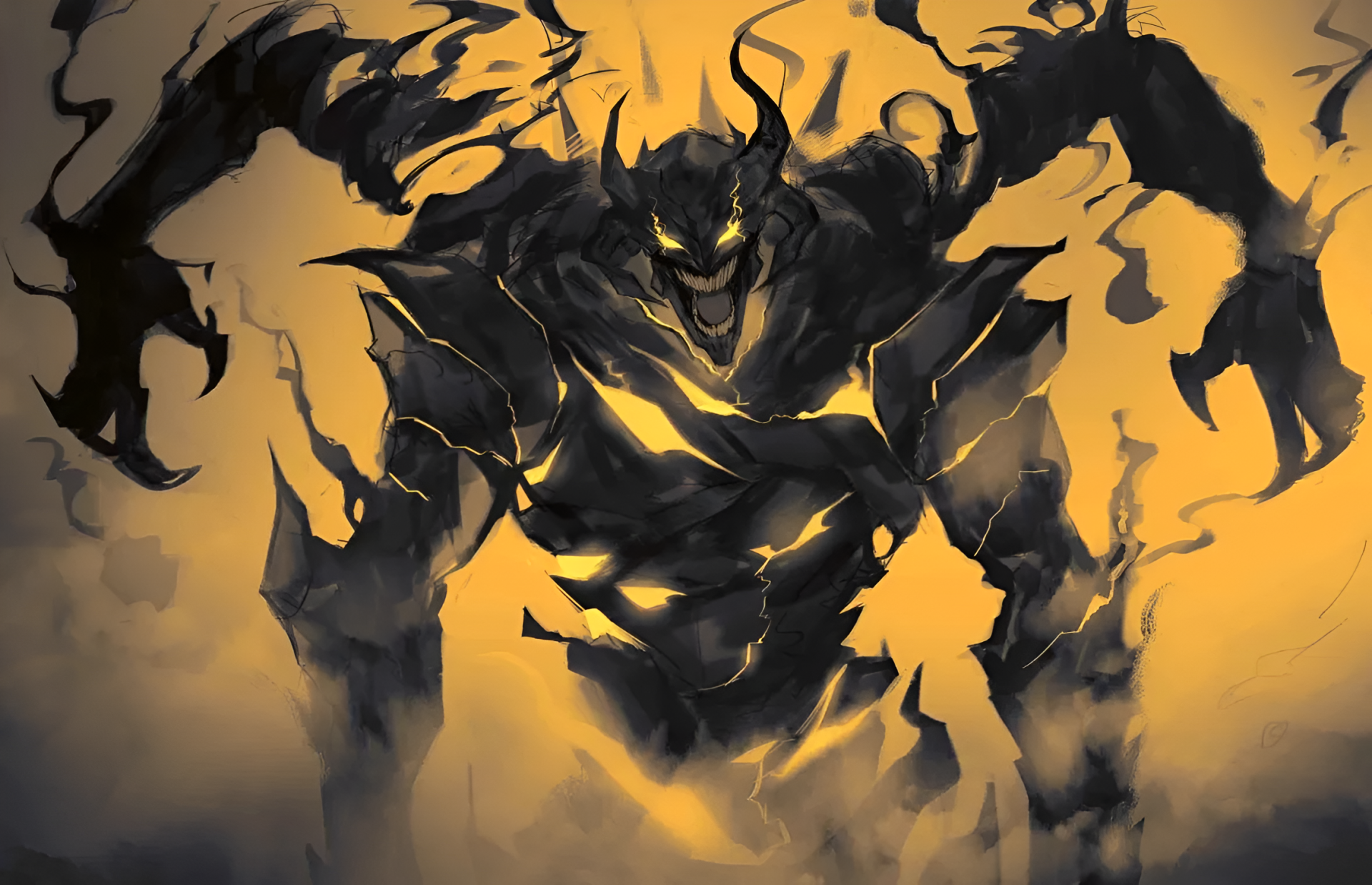 HD PC desktop wallpaper background for the novel Shadow Slave (Webnovel): a towering shadow monster with glowing yellow eyes and molten fissures emerging from black smoke.