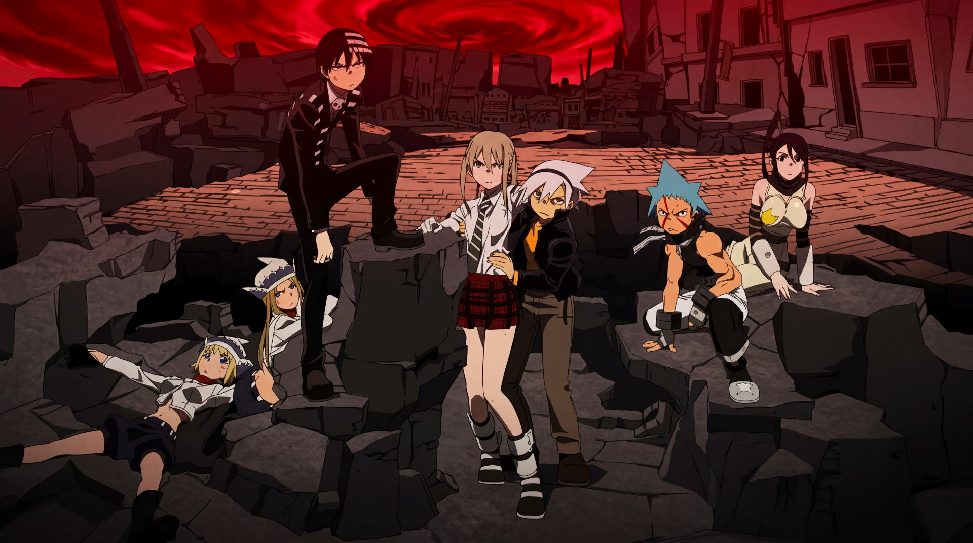 Soul Eater anime 5K Ultra HD PC desktop wallpaper: Maka Albarn, Soul Evans, Death the Kid and crew posed on cracked ground beneath a blood-red sky.