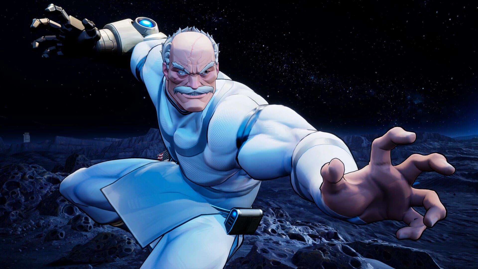 HD PC desktop wallpaper of Conquest (Invincible) from the Invincible VS video game, lunging in white armor over a cratered moon under a starry sky.