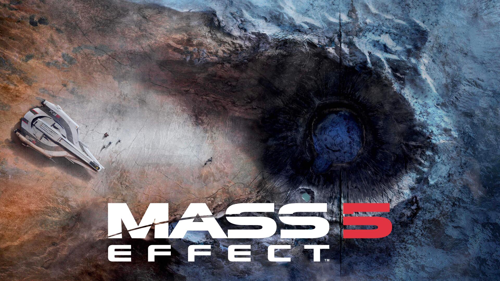 Mass Effect 5 logo over a scarred alien surface with a deep crater and a hovering ship; 4K Ultra HD PC desktop wallpaper background showcasing sci-fi video game art.