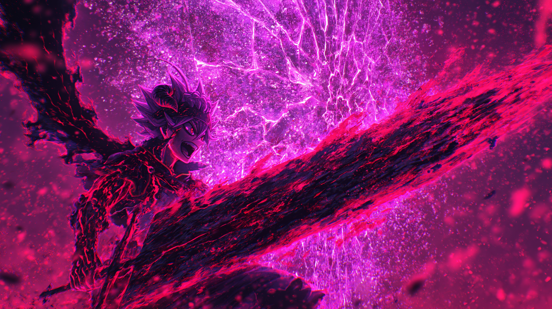 2K Quad HD pink anime wallpaper: Asta (Black Clover) aura farming with a massive broadsword amid crackling magenta energy and swirling particles.