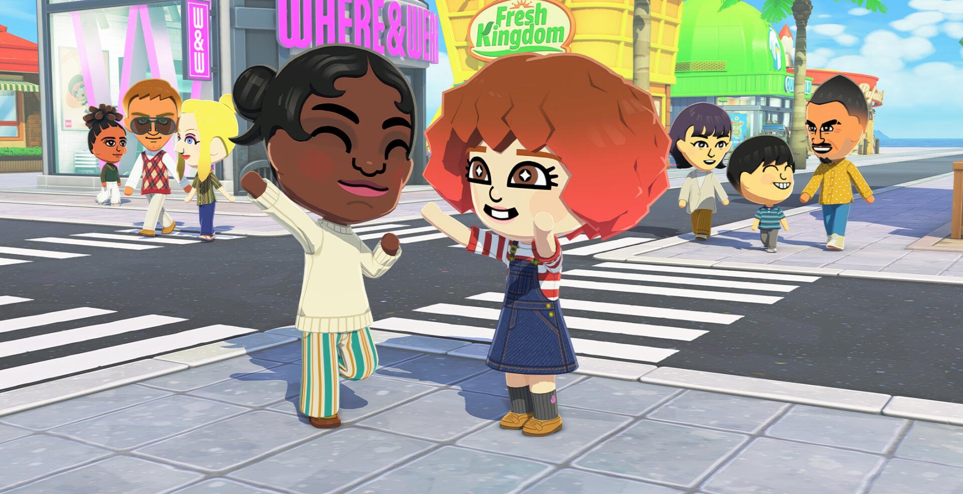 HD PC desktop wallpaper of Tomodachi Life: Living the Dream — two cheerful Miis dancing on a crosswalk in a colorful city with other characters and shops in the background.