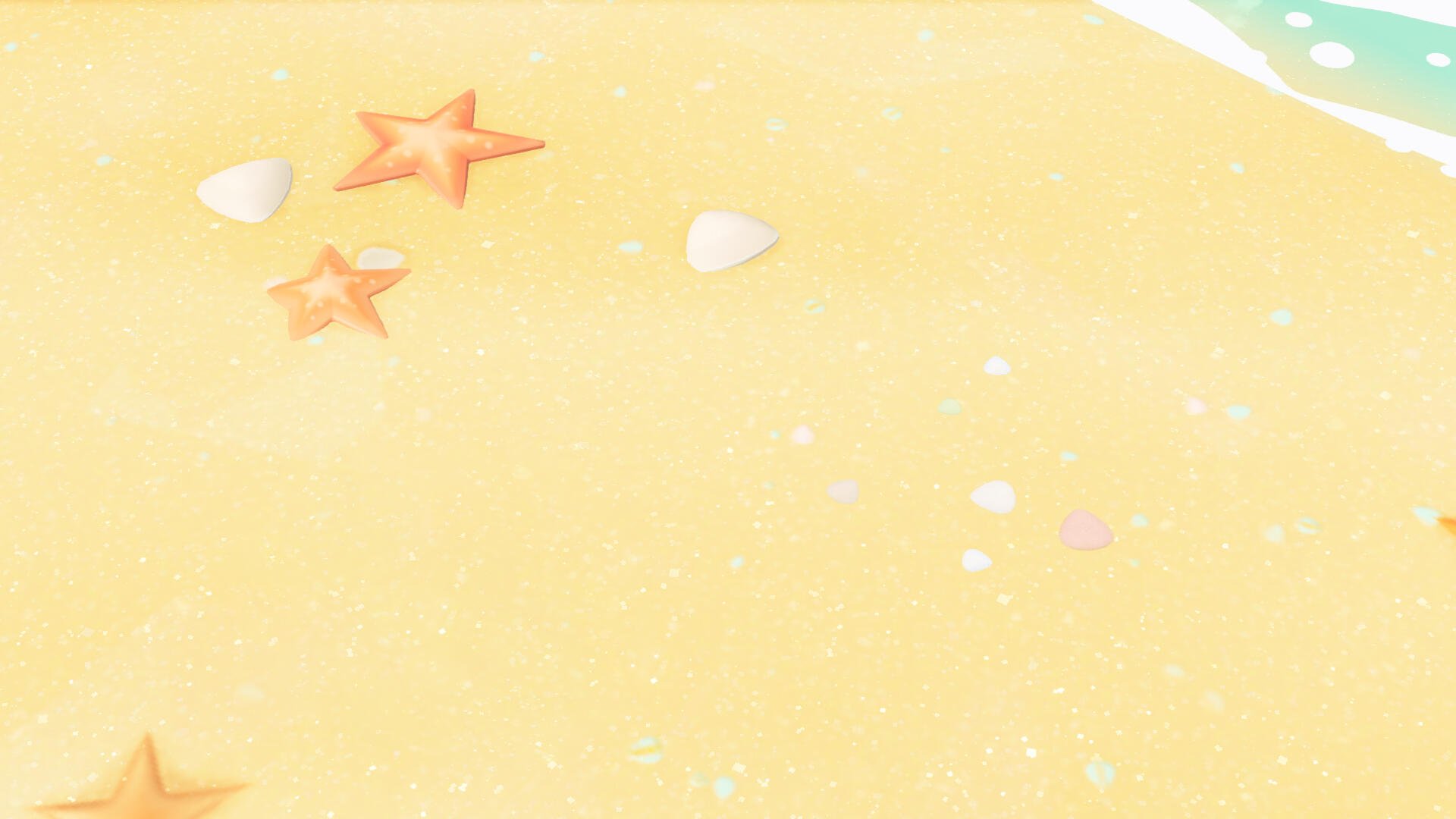 Tomodachi Life, Tomodachi Life: Living the Dream — HD PC desktop wallpaper of a pastel sandy beach with starfish, scattered shells and a gentle turquoise shoreline.