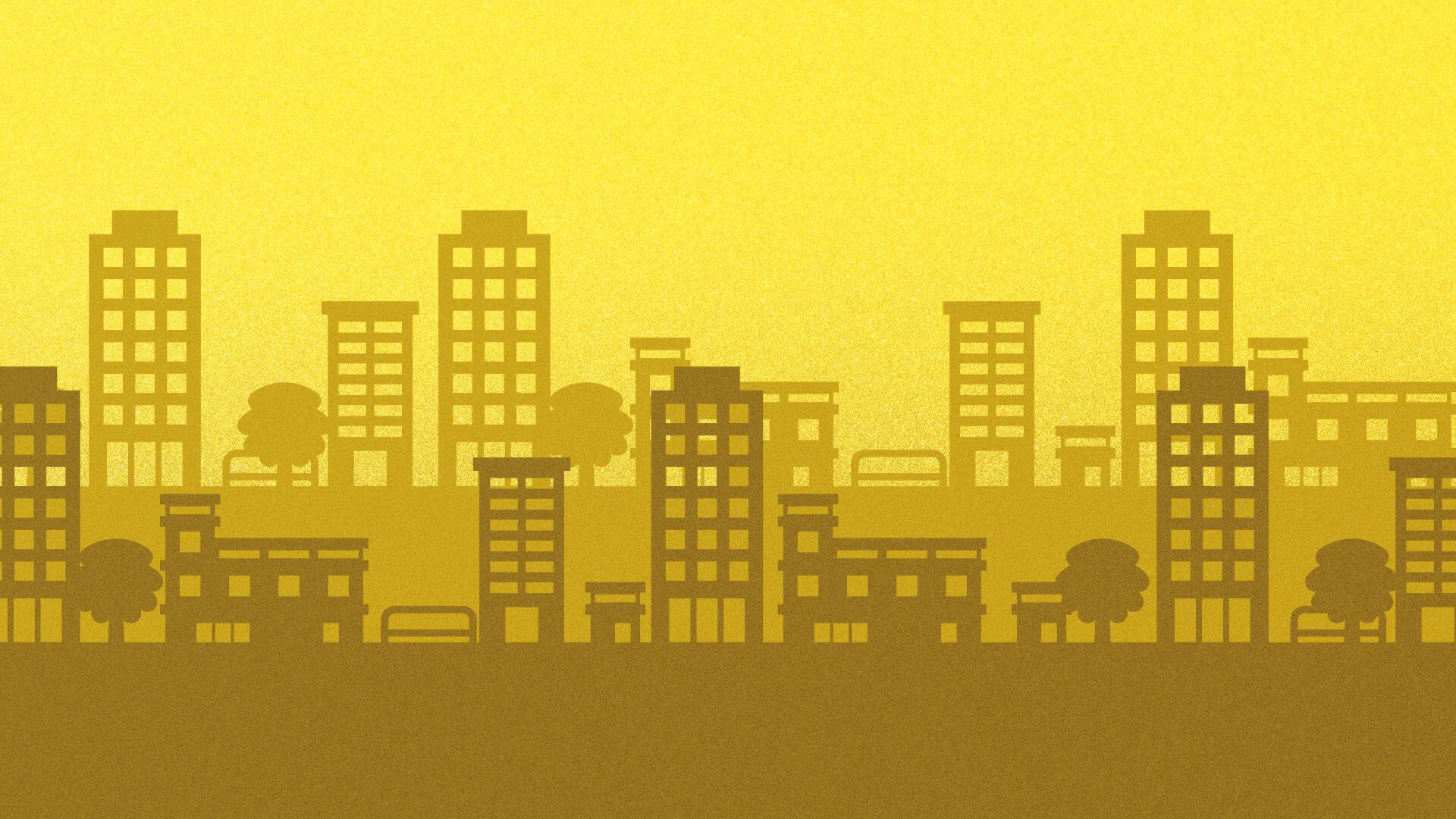 Tomodachi Life: Living the Dream HD PC desktop wallpaper — warm yellow city skyline silhouette with layered buildings and trees.