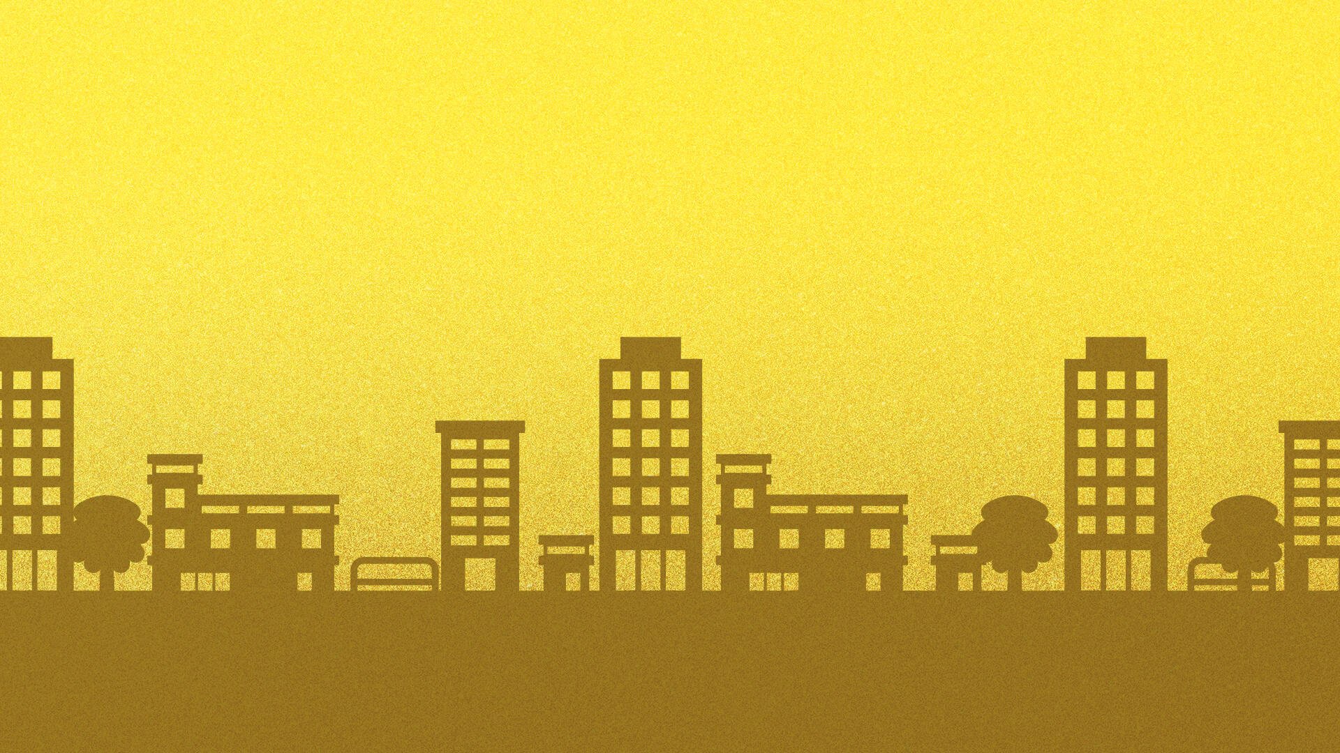 Tomodachi Life: Living the Dream HD PC desktop wallpaper — brown city skyline silhouette on a warm yellow gradient background.
