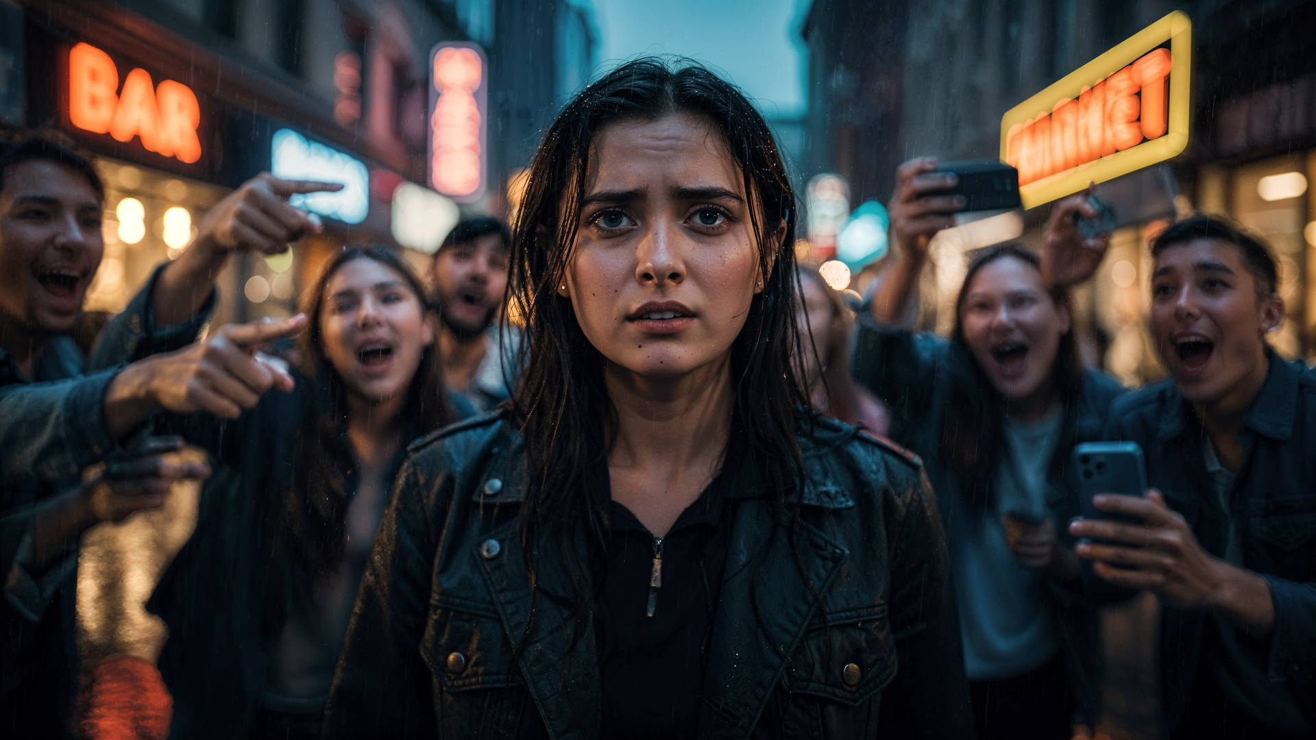 4K Ultra HD PC desktop wallpaper: a lone woman in a neon city, looking distressed while a crowd around her laughs and films her.