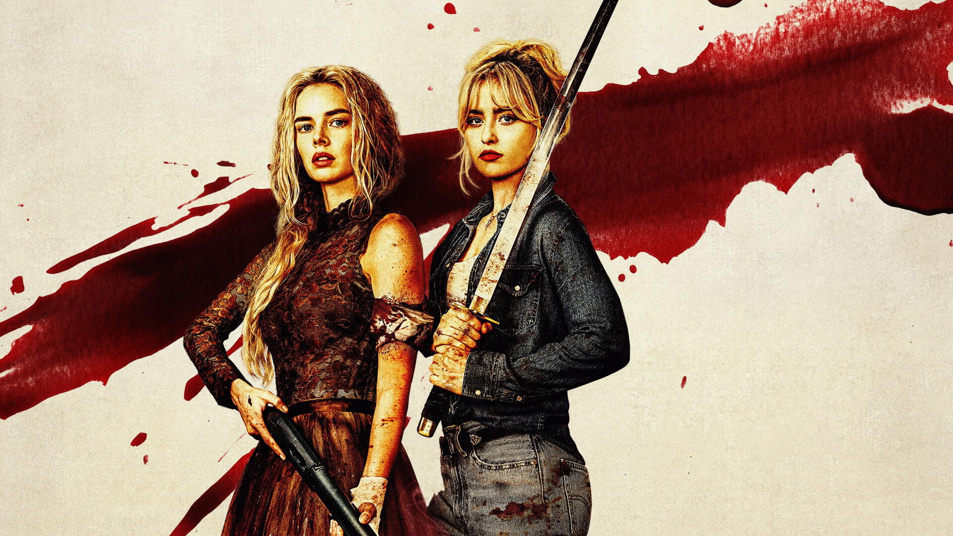 Ready or Not 2 — 4K Ultra HD PC desktop wallpaper: two blood-splattered women holding weapons stand against a bold red-splash background.