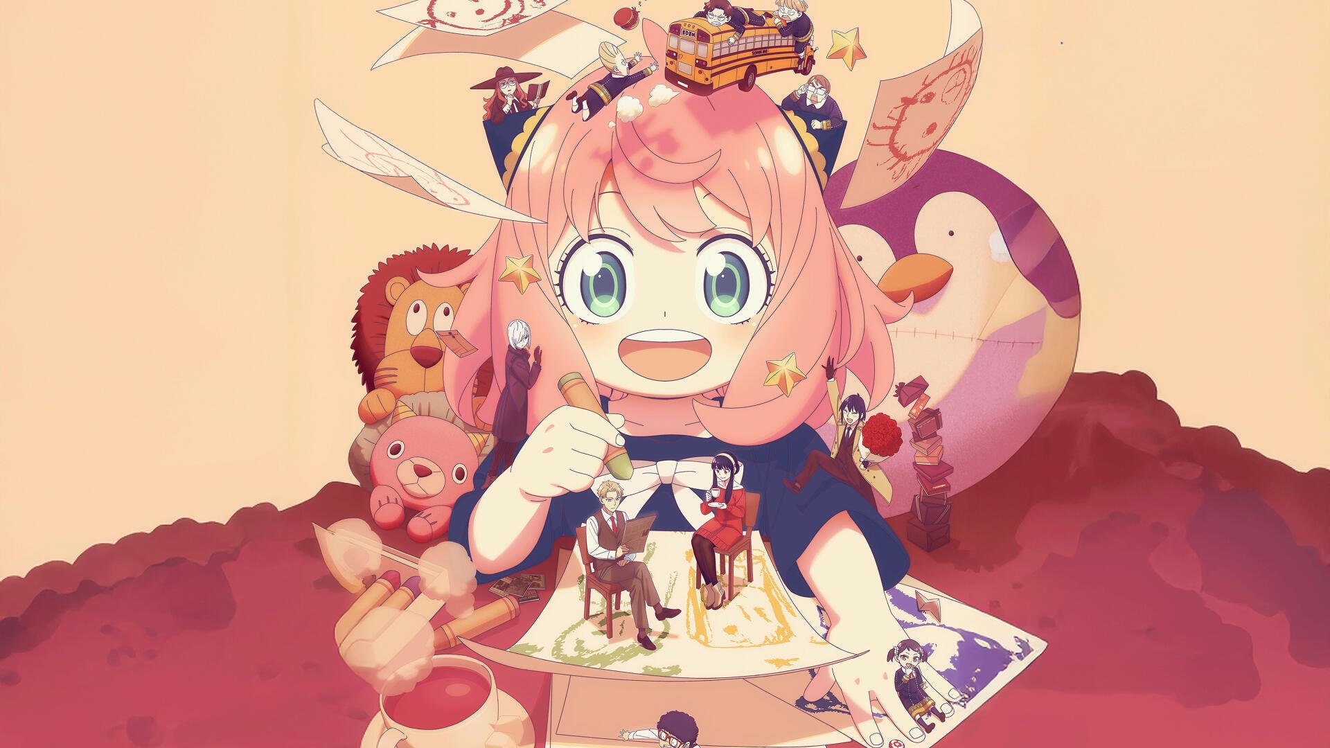 Spy x Family — Anya Forger grinning, surrounded by toys, stuffed animals and a miniature family scene on a pastel cloudscape. 4K Ultra HD PC desktop wallpaper and background.