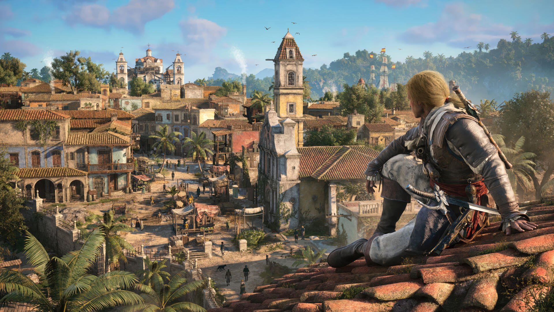 Hooded pirate assassin perched on a tiled roof overlooking a sunlit Caribbean colonial town and harbor — Assassin's Creed Black Flag Resynced 4K Ultra HD PC desktop wallpaper