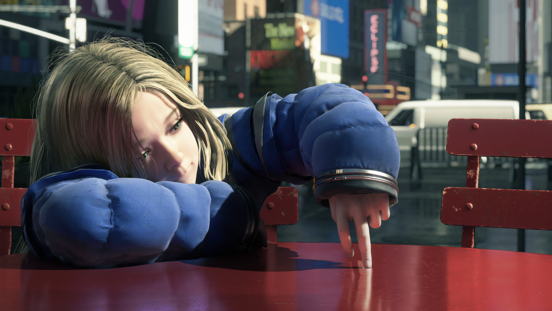 4K Ultra HD PC desktop wallpaper from video game Pragmata: Diana, a child, rests on a red table in a futuristic cityscape, tracing the surface with her finger.