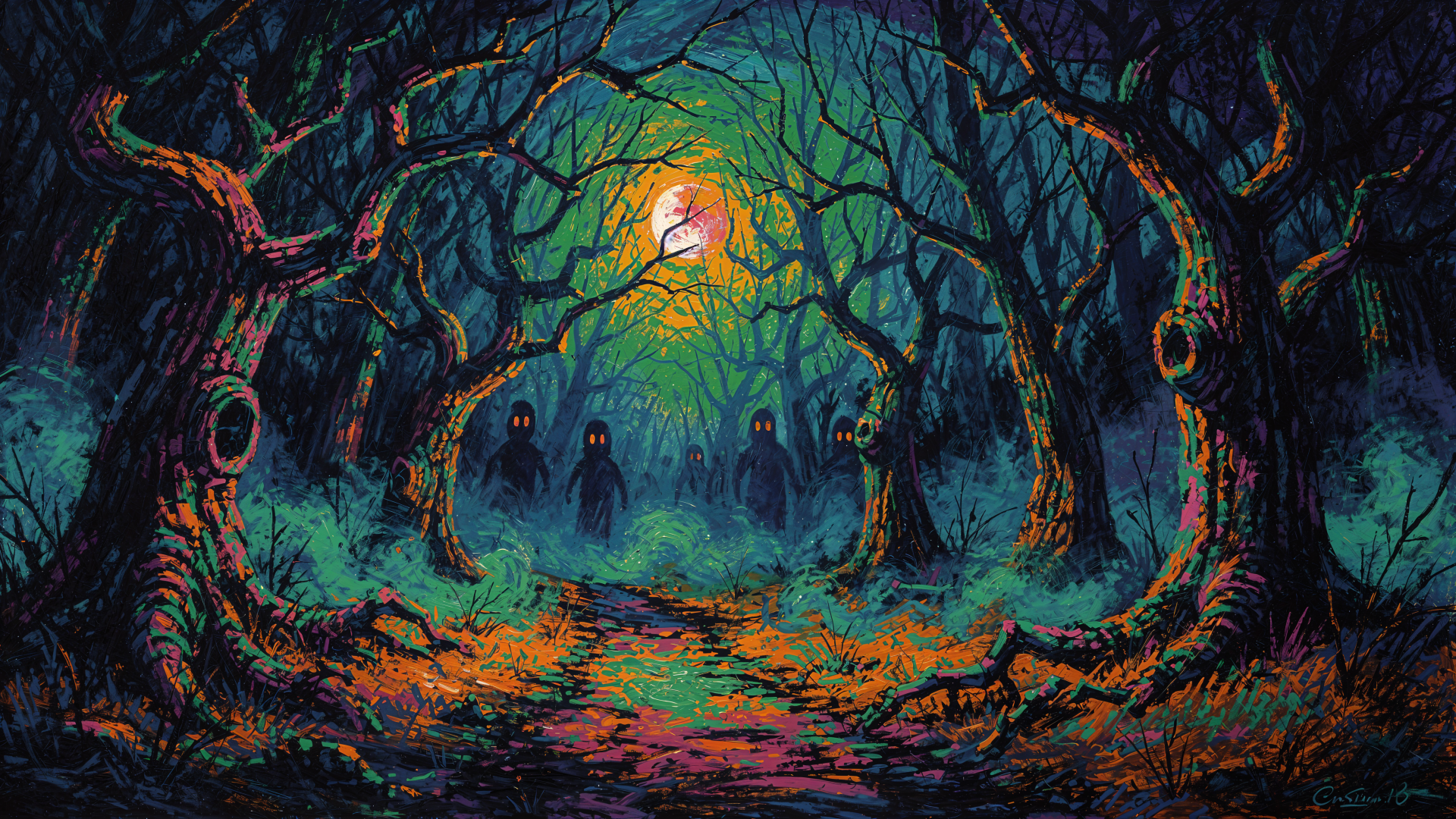 Haunted Forest 4K Ultra HD PC desktop wallpaper and background: moonlit twisted trees arch over a glowing moss path as hooded figures emerge from luminous fog.