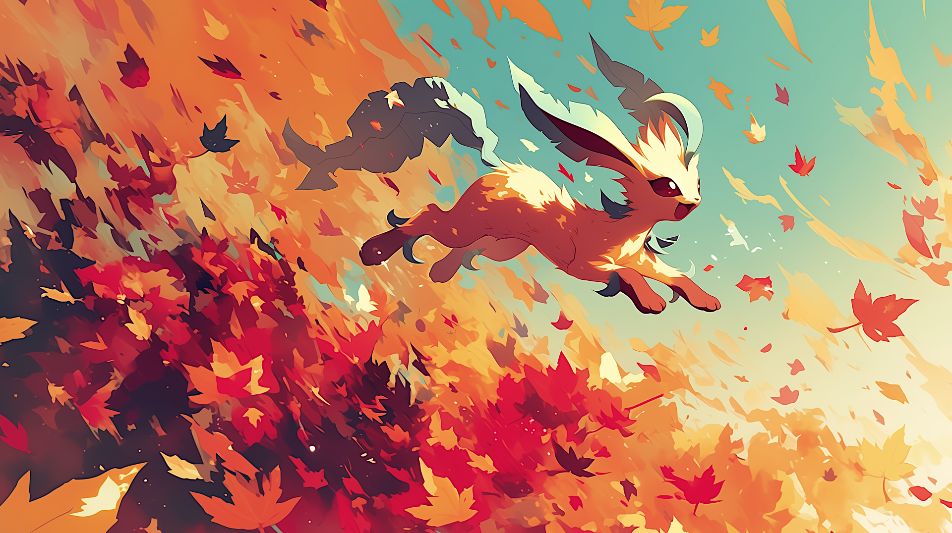 Leafeon (Pokémon) in anime style leaping through swirling red-orange autumn leaves — vibrant 2K Quad HD PC desktop wallpaper background.