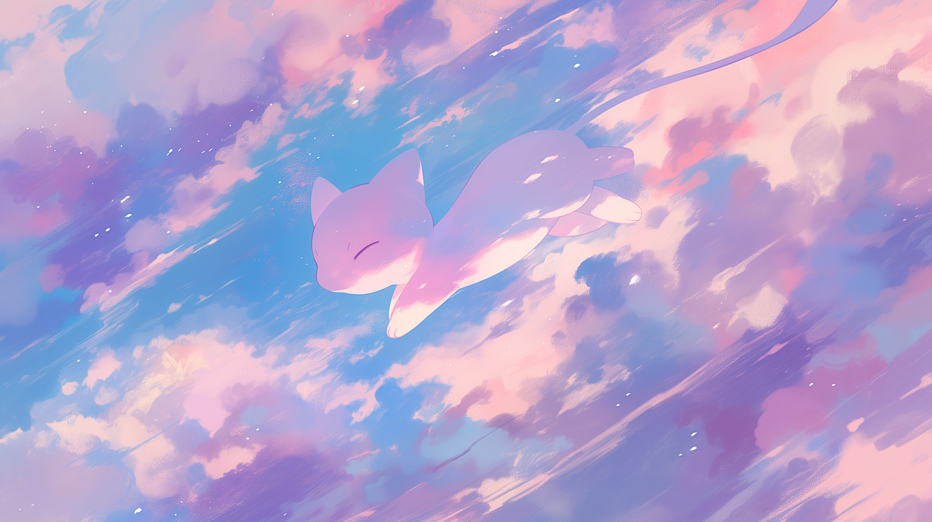 Anime-aesthetic 2K Quad HD PC wallpaper of Mew (Pokémon) drifting through soft pastel pink and blue clouds.