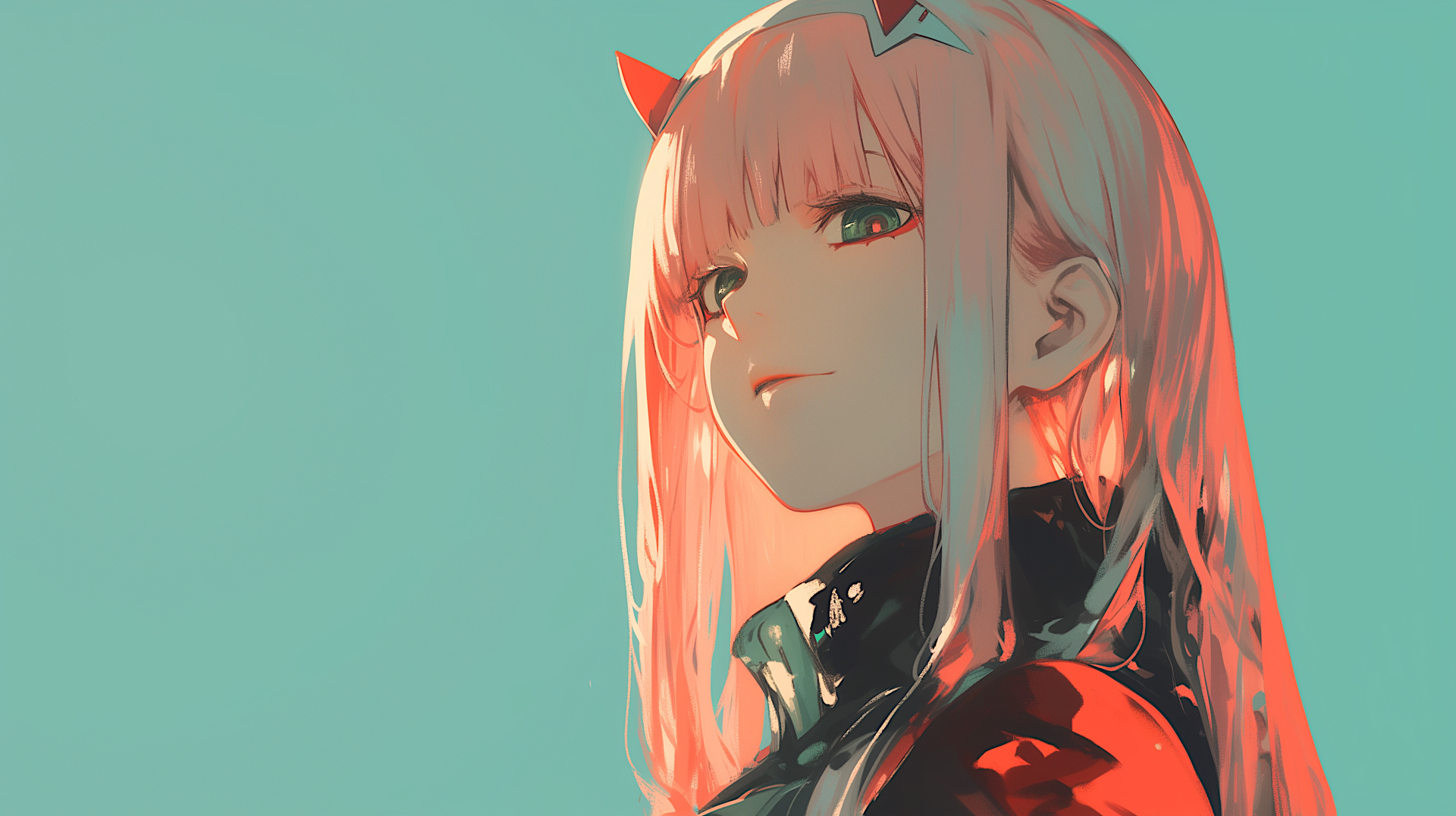 Zero Two from Darling in the FranXX — anime aesthetic close-up with pink hair and red horns on a teal backdrop, 2K Quad HD PC desktop wallpaper.