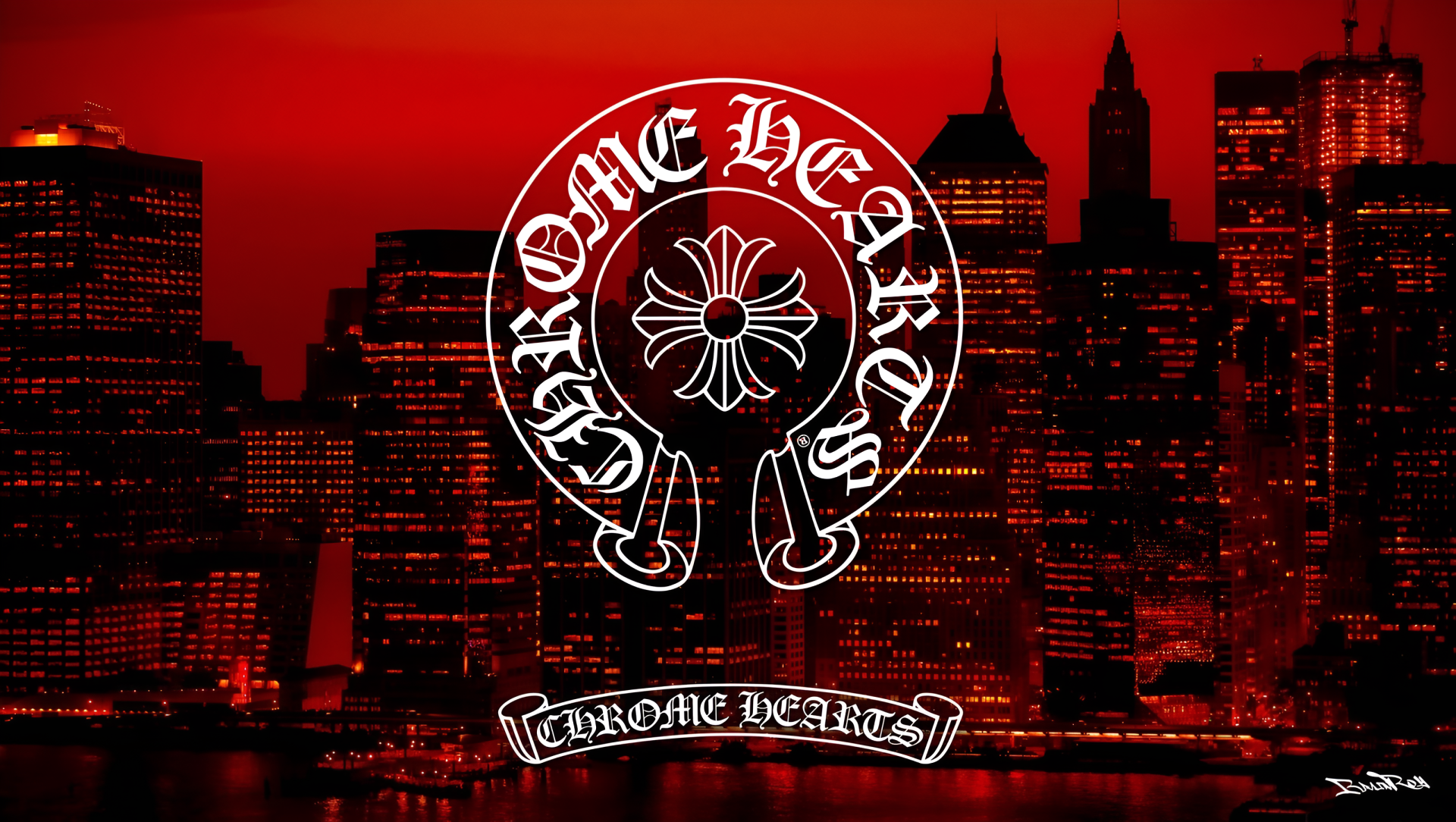 Chrome Hearts emblem with floral cross over a red city skyline — 2K Quad HD PC desktop wallpaper and background.