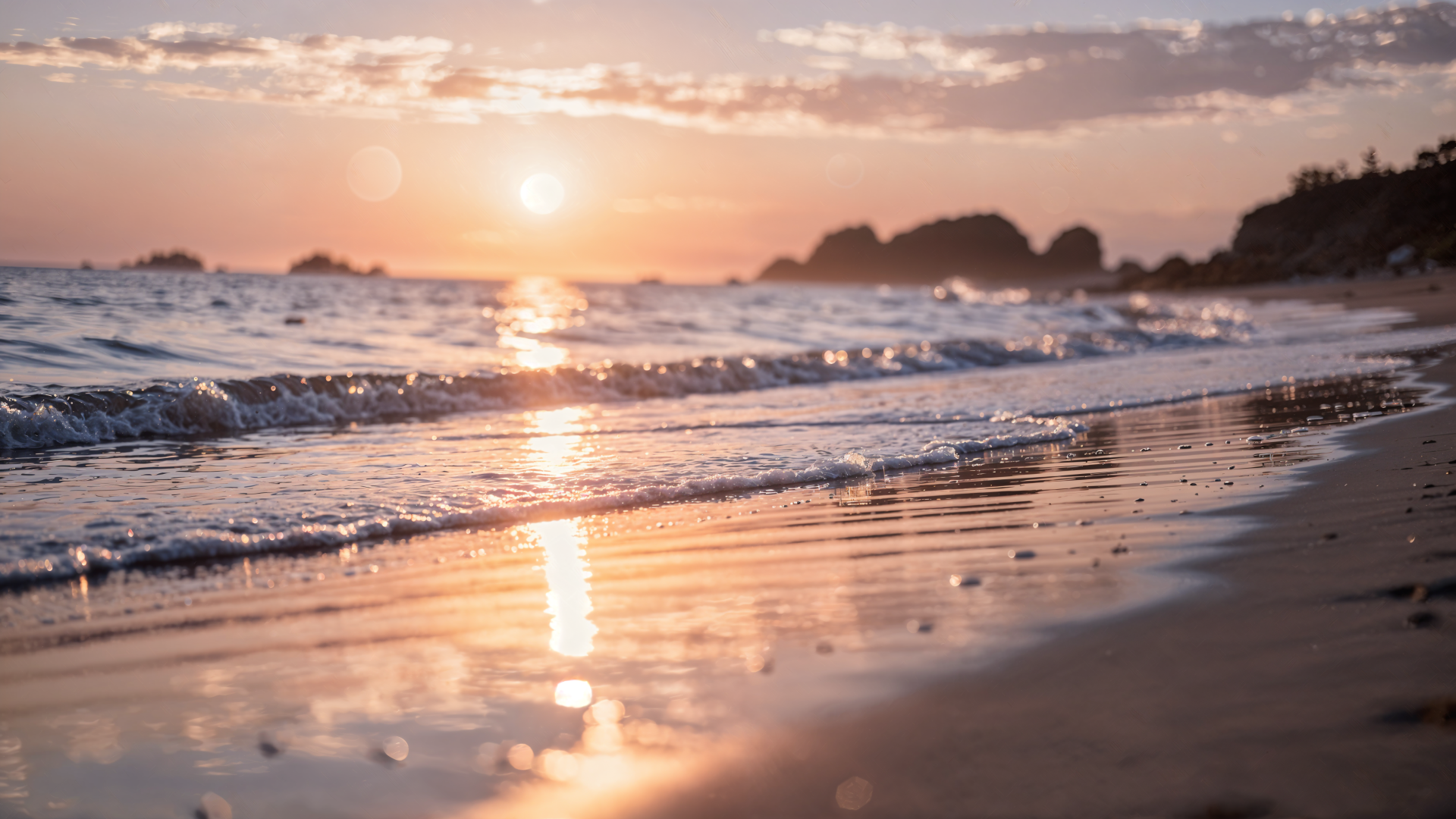 Beach sunset 4K Ultra HD PC desktop wallpaper and background: golden sun sinking behind distant rocks, gentle waves washing reflective wet sand beneath a pastel sky.