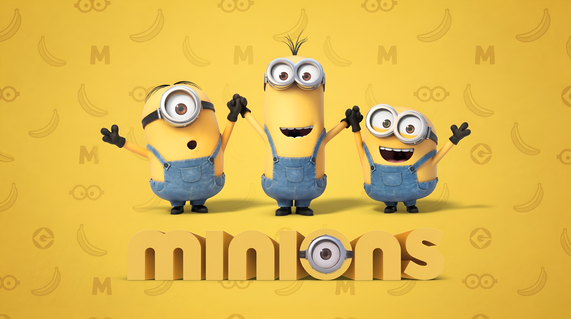 Minions (Movie) characters Kevin, Stuart, and Bob pose on a yellow banana-patterned background with the Minions logo; 4K Ultra HD PC desktop wallpaper.