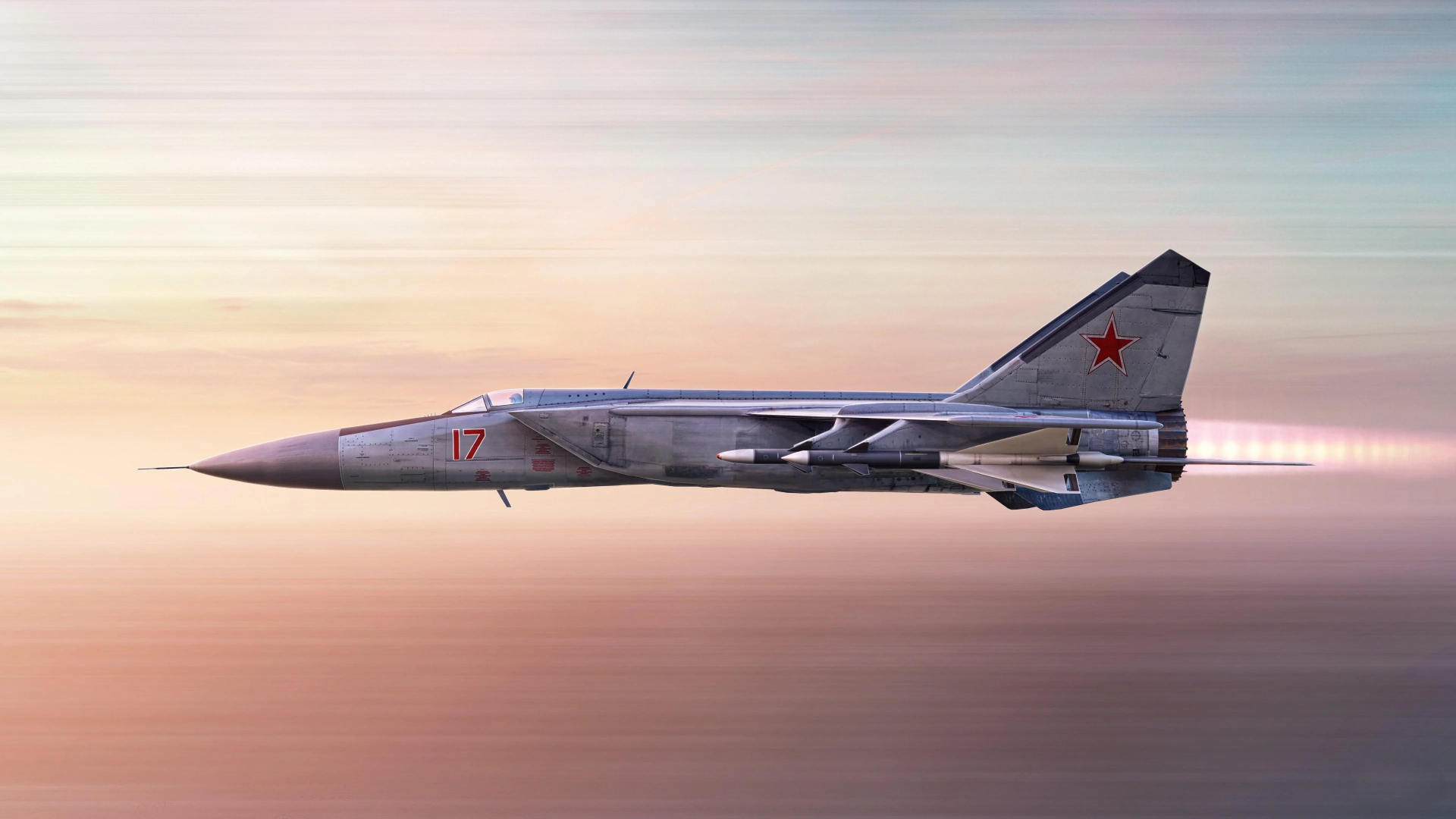 Side view of a Russian Air Force Mikoyan-Gurevich MiG-25 jet fighter in flight over a pastel sky; 4K Ultra HD military aircraft desktop wallpaper.