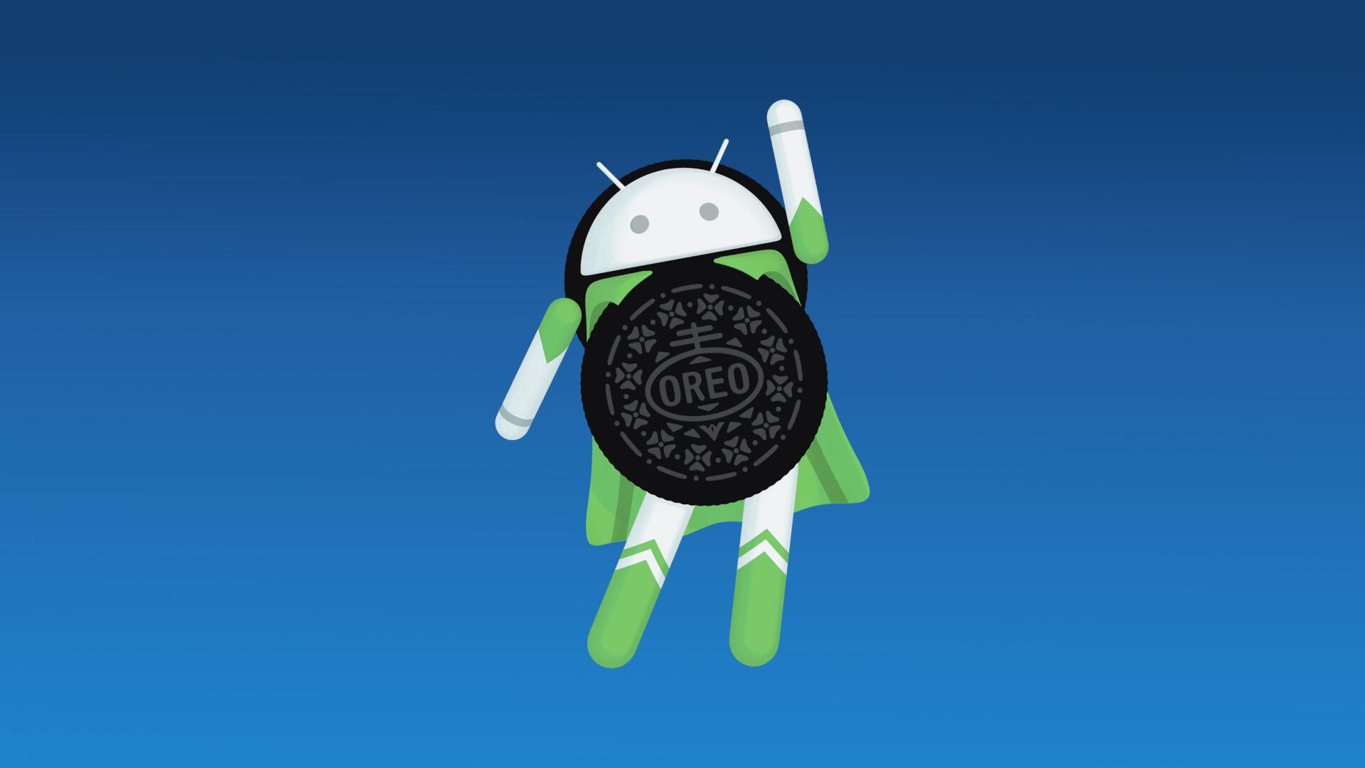 Minimalist blue 5K Ultra HD PC wallpaper: Android mascot clutching an Oreo cookie, hovering against a smooth gradient blue background.