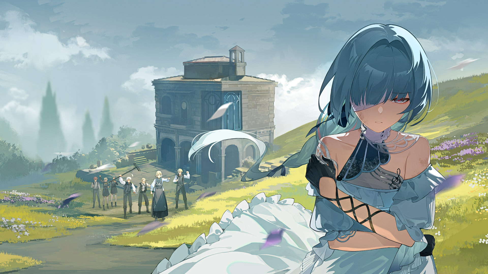 Video game 2K Quad HD wallpaper: Phrolova from Wuthering Waves sits wounded with a bandaged arm across her chest on a grassy hill, distant building and figures beneath a cloudy sky.