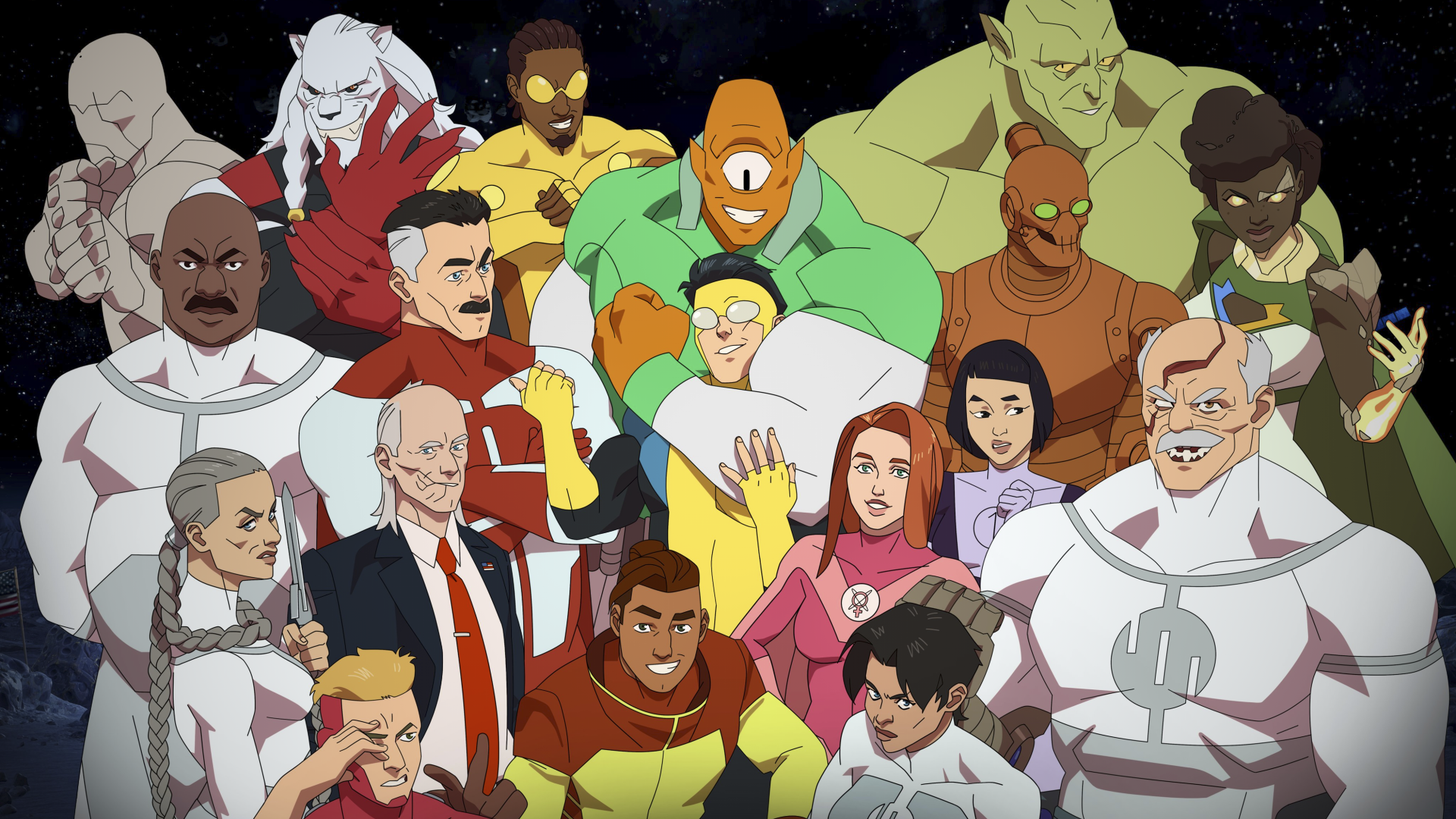 4K Ultra HD PC desktop wallpaper and background featuring all characters from the TV show Invincible in a cartoon group portrait set against a starry space backdrop.