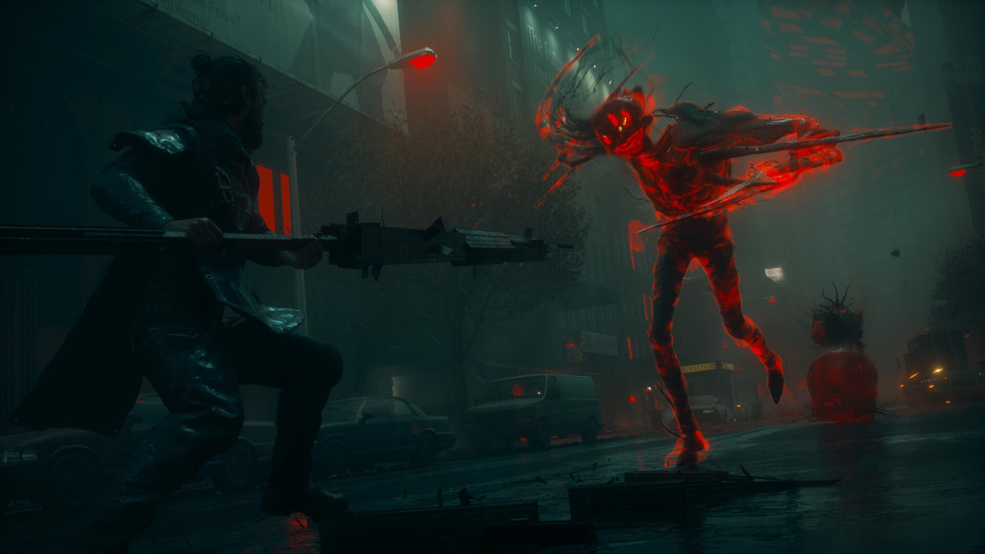 4K Ultra HD PC desktop wallpaper — Dark Gaming Control Resonant boss fight: silhouetted shooter aims a rifle at a red-glowing humanoid enemy amid a ruined, dim industrial chamber.