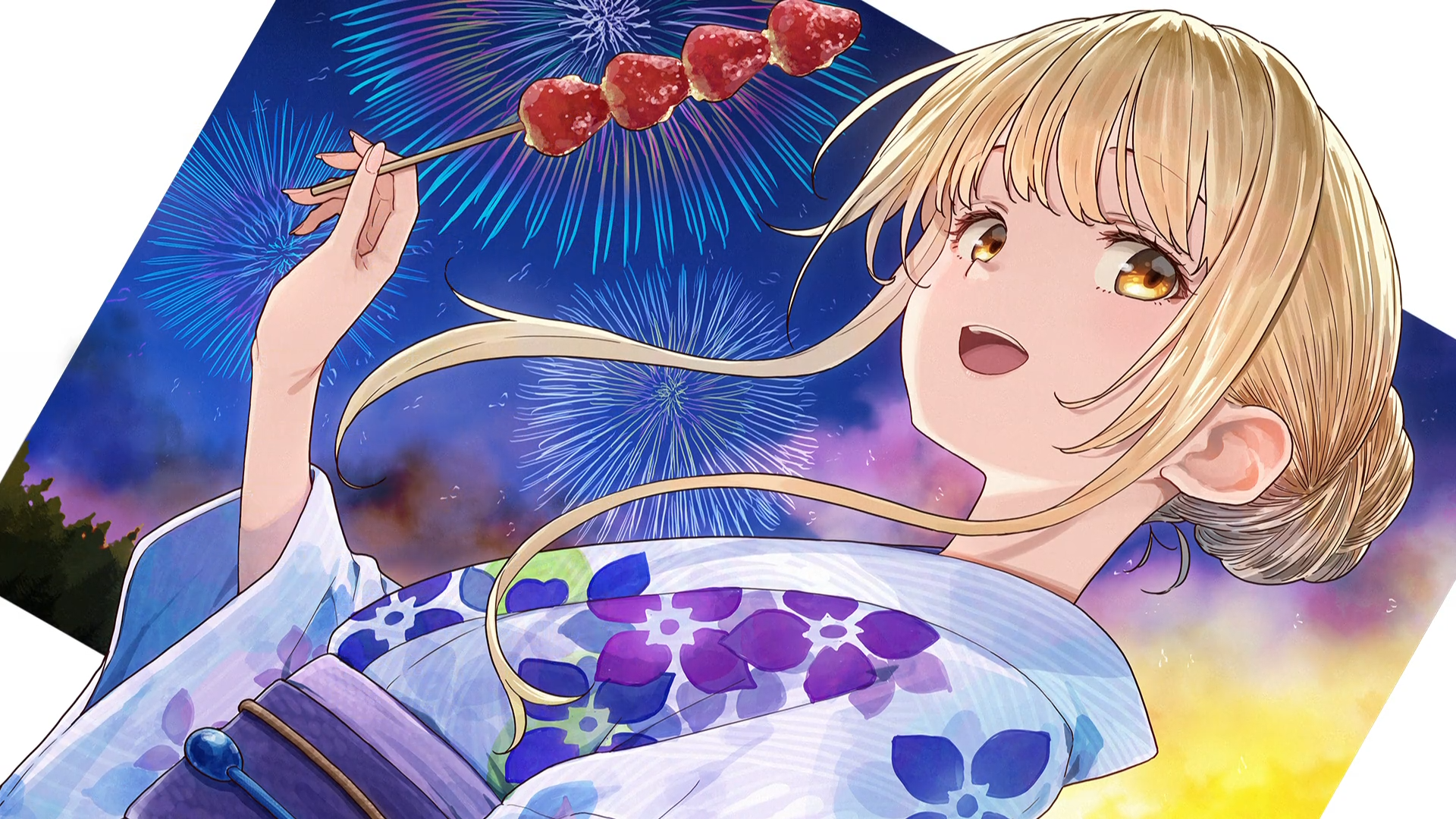 HD PC desktop wallpaper of Mahiru Shiina from The Angel Next Door Spoils Me Rotten: she smiles in a floral yukata, holding strawberry skewers as fireworks light the summer night.