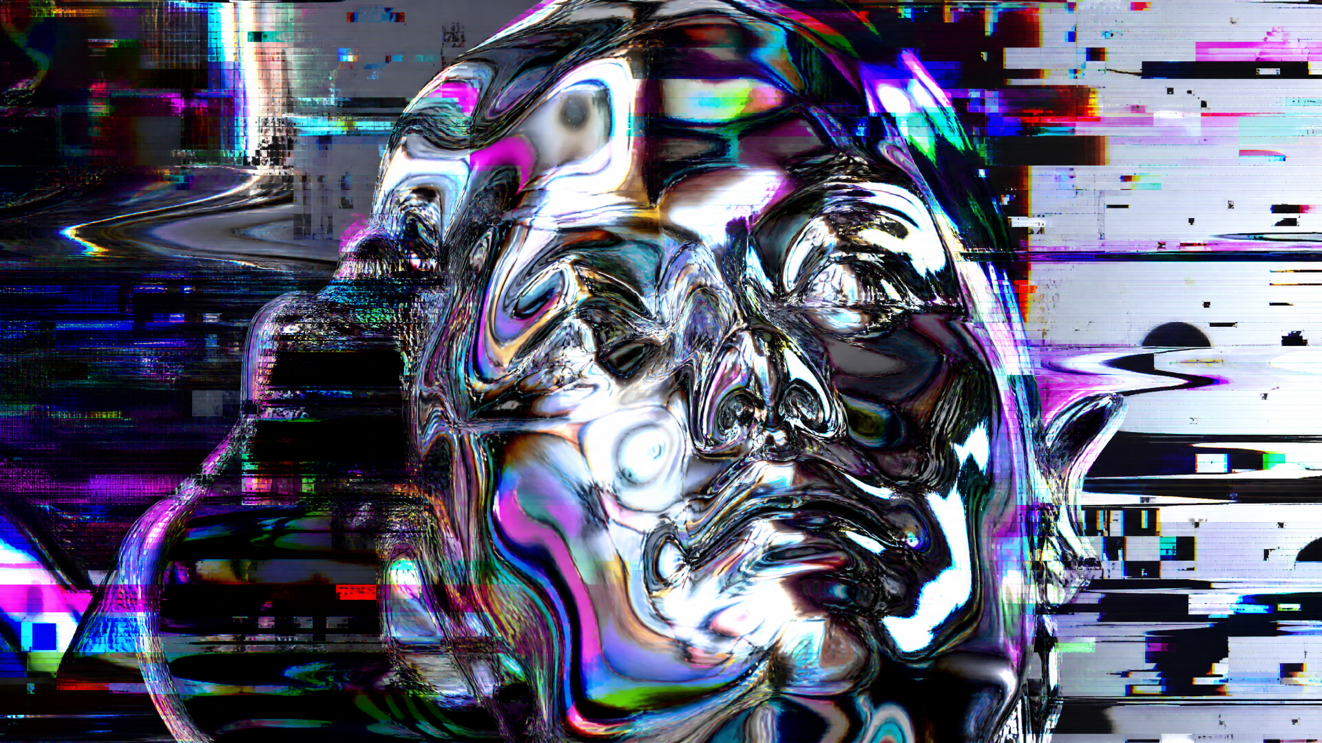 4K Ultra HD desktop wallpaper: abstract chrome liquid-metal humanoid face with rainbow reflections and digital glitch streaks on a dark background.