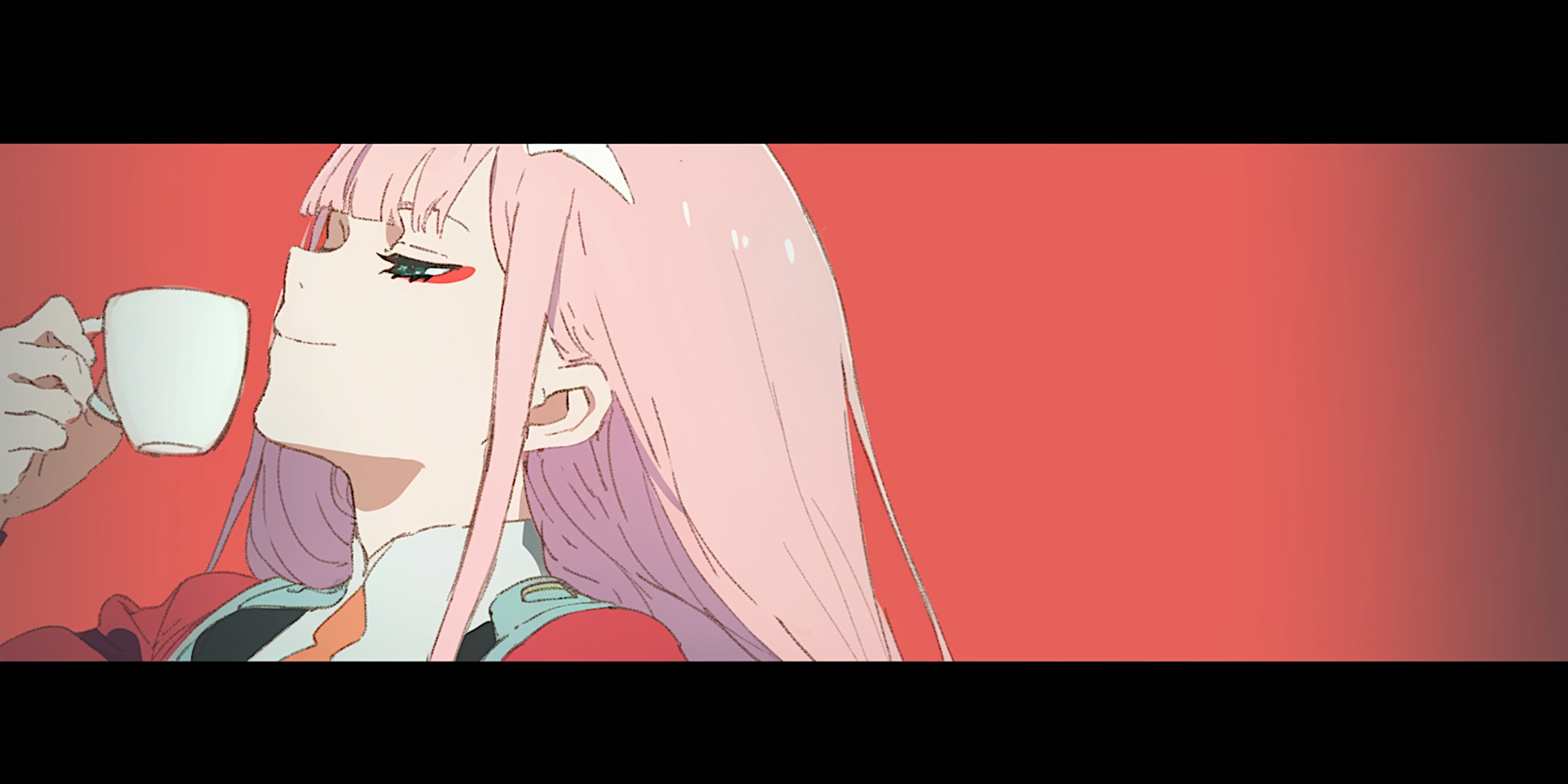 Zero Two (Darling in the FranXX) in profile with pink hair and a sly smile against a coral-red backdrop — ultrawide 2K Quad HD anime PC desktop wallpaper.