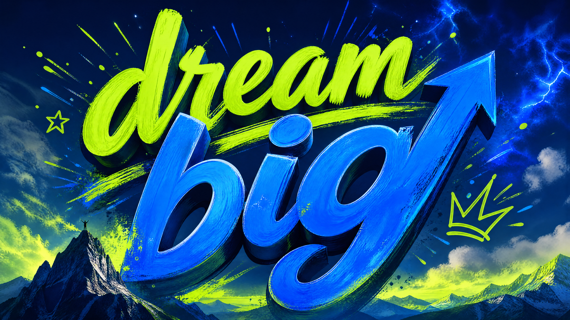 Bold neon dream big lettering with an upward arrow over a cosmic blue-green mountain landscape — 4K Ultra HD PC desktop wallpaper background.
